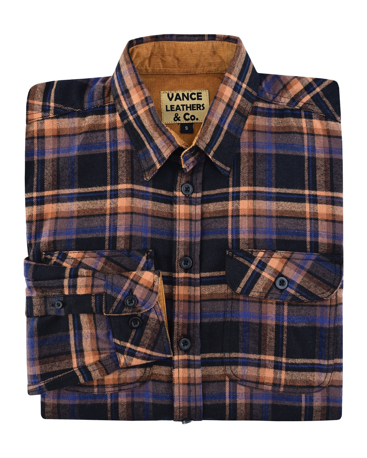 Folded Midnight Rust plaid flannel shirt showing the tan corduroy-lined collar, chest pockets and buttoned cuff.