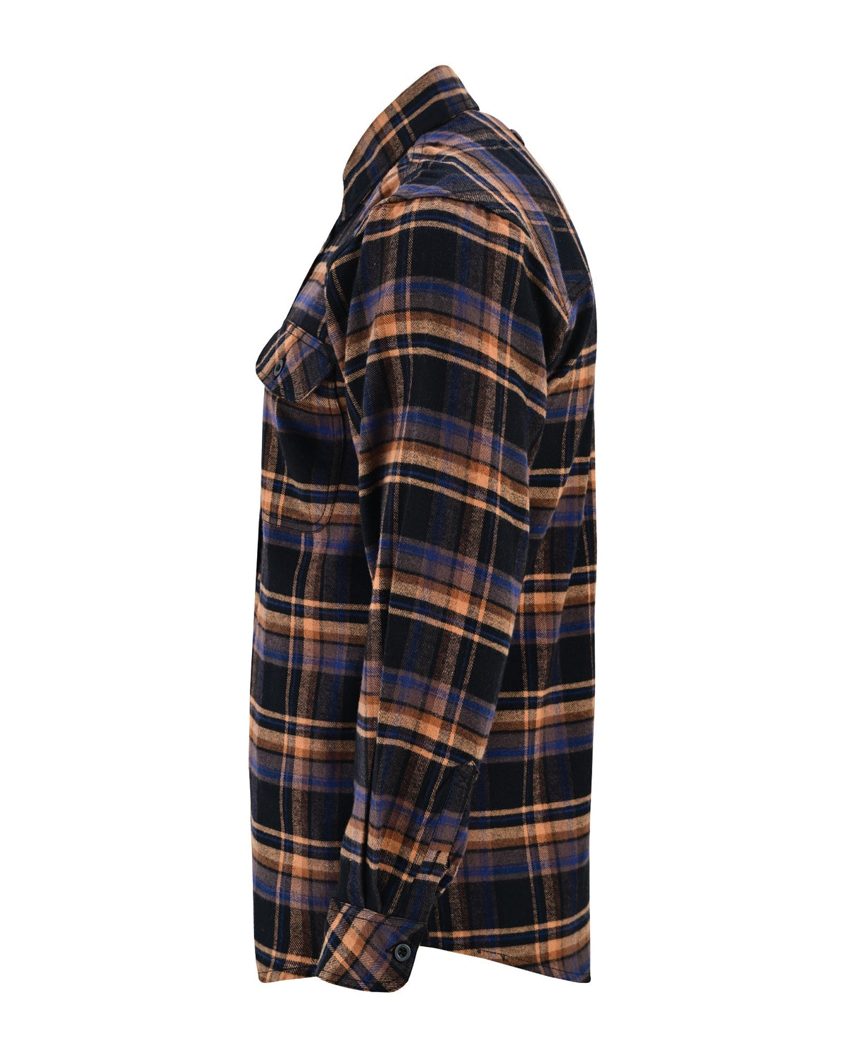 Side profile of the Midnight Rust regular-fit plaid flannel shirt showing its long sleeve, buttoned cuff and curved hem.
