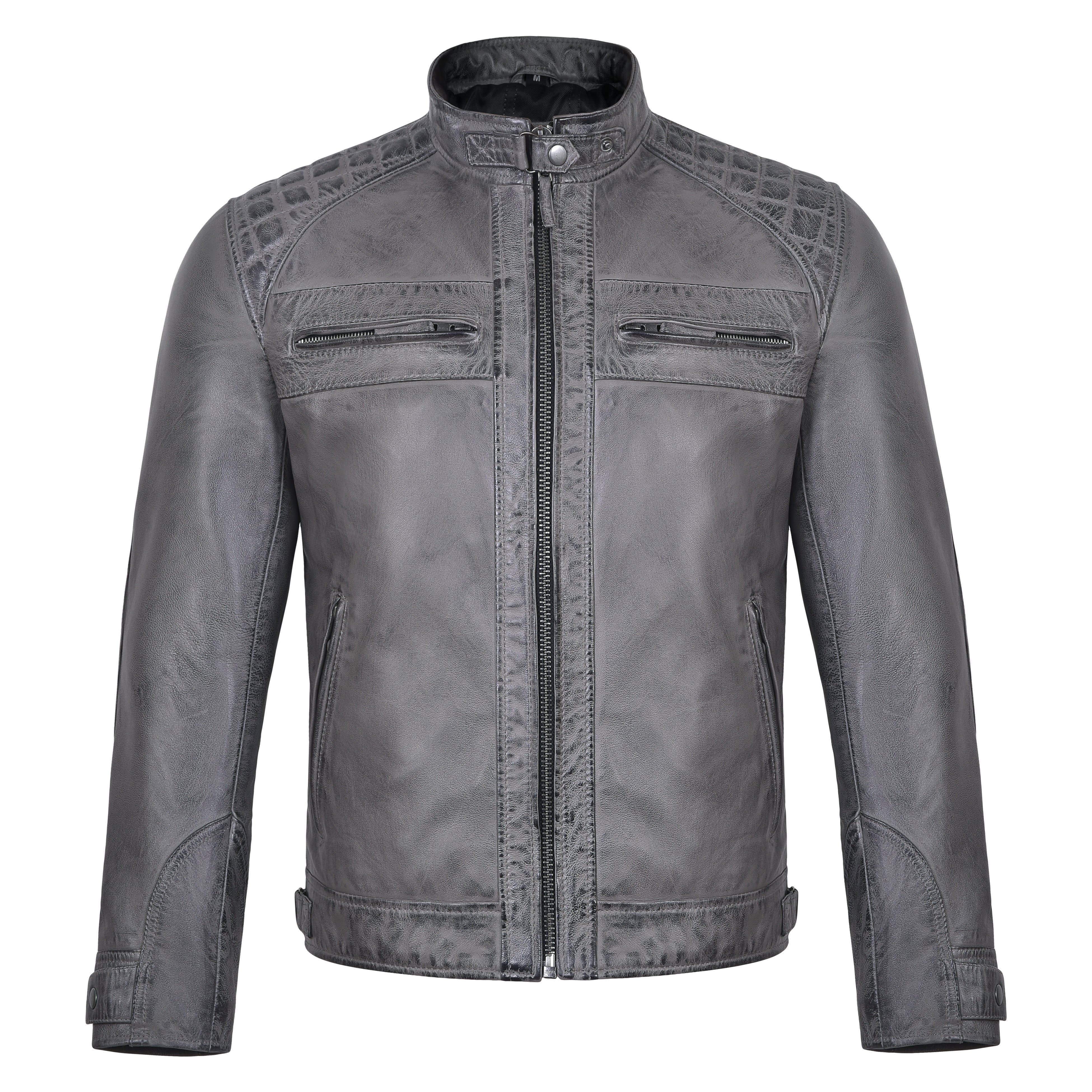 Men's Cafe Racer Waxed Lambskin Distressed Grey Motorcycle Leather Jacket