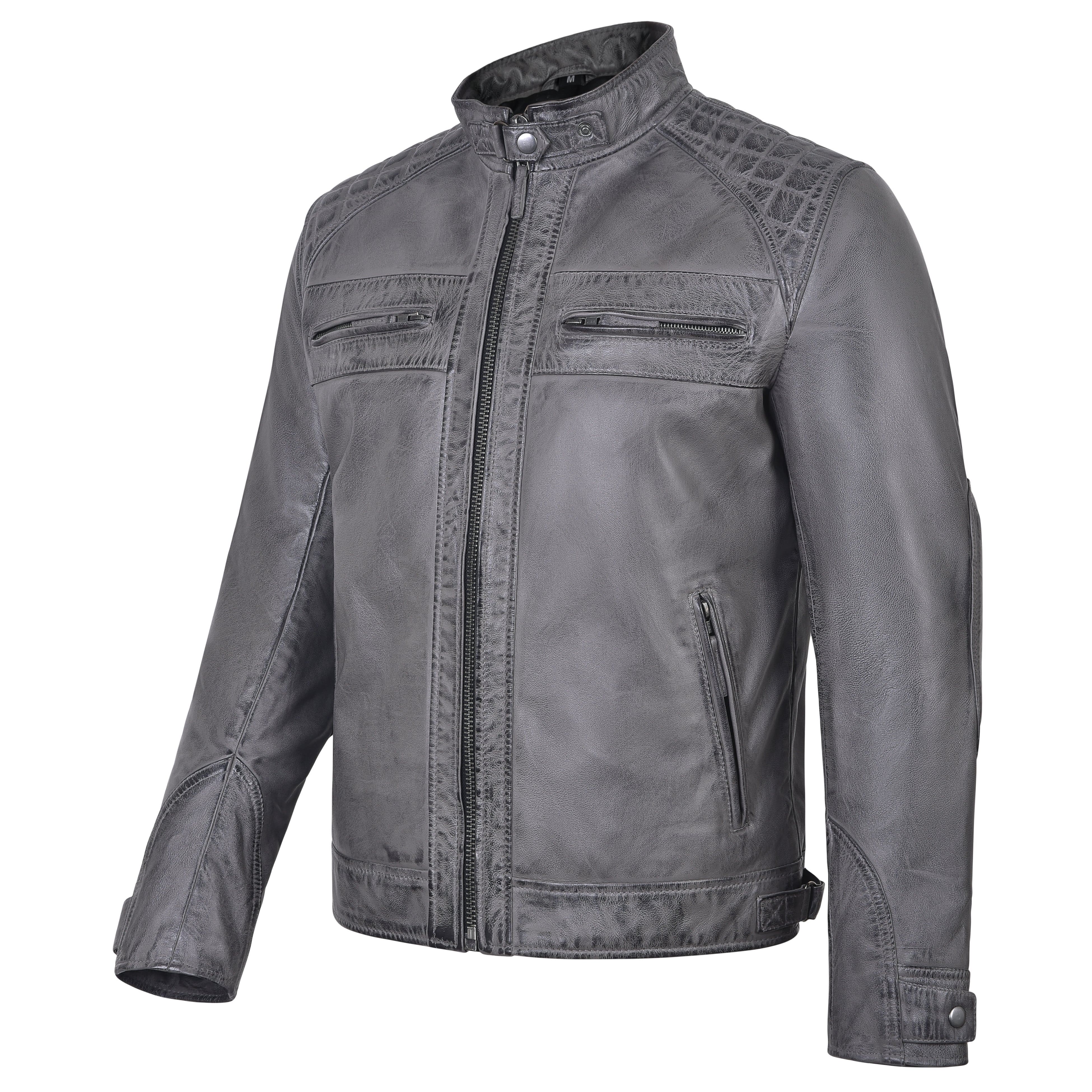 Men's Cafe Racer Waxed Lambskin Distressed Grey Motorcycle Leather Jacket
