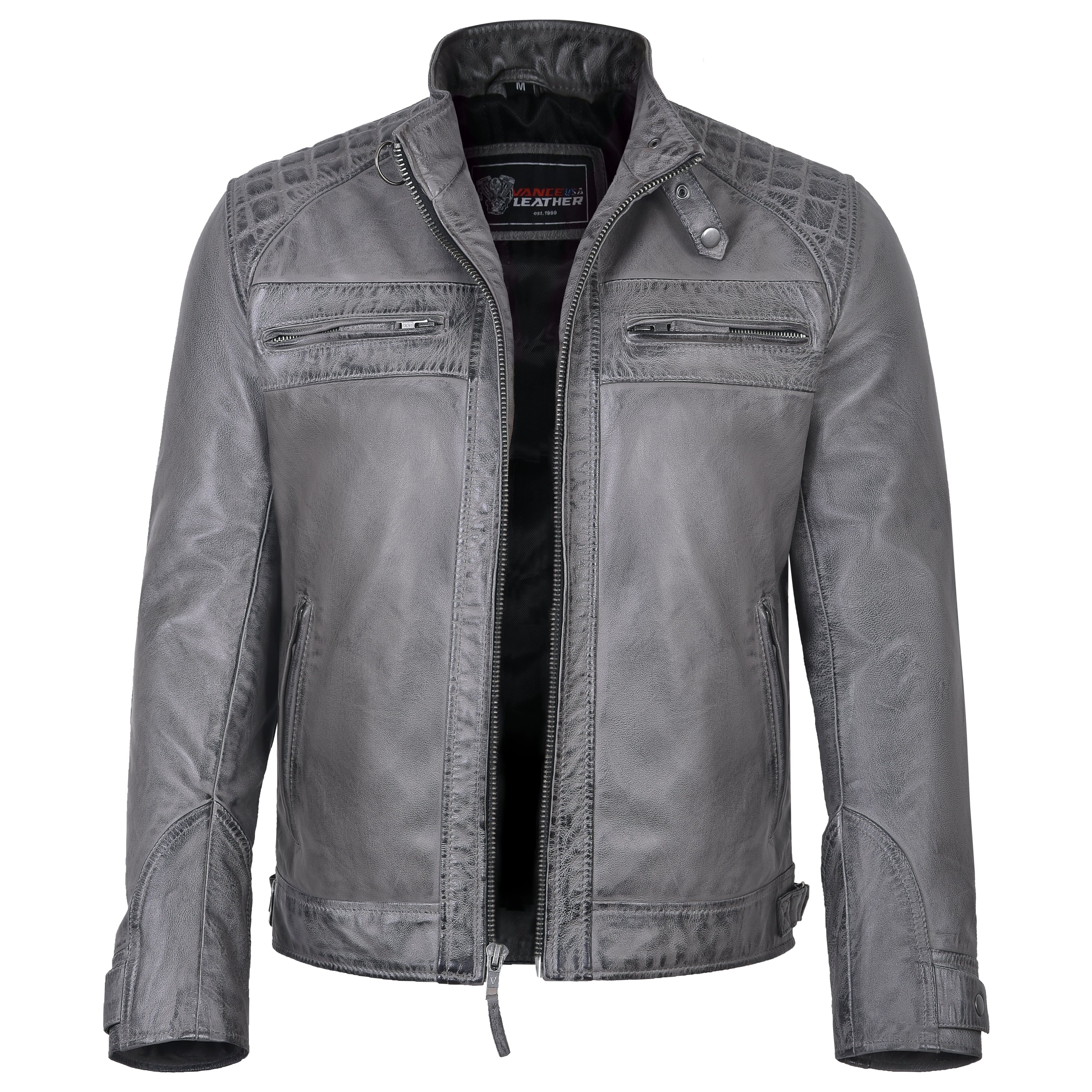 Men's Cafe Racer Waxed Lambskin Distressed Grey Motorcycle Leather Jacket