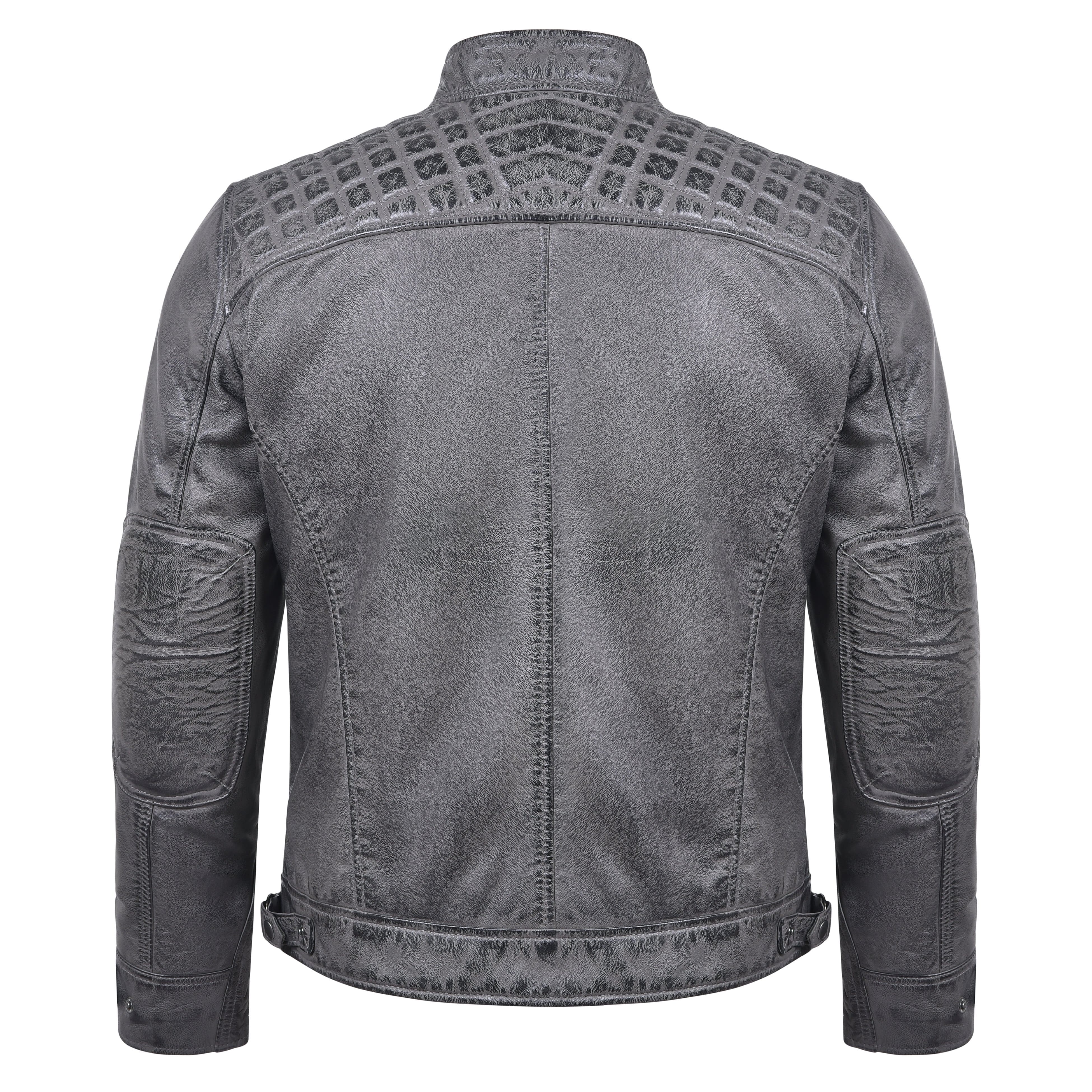 Men's Cafe Racer Waxed Lambskin Distressed Grey Motorcycle Leather Jacket