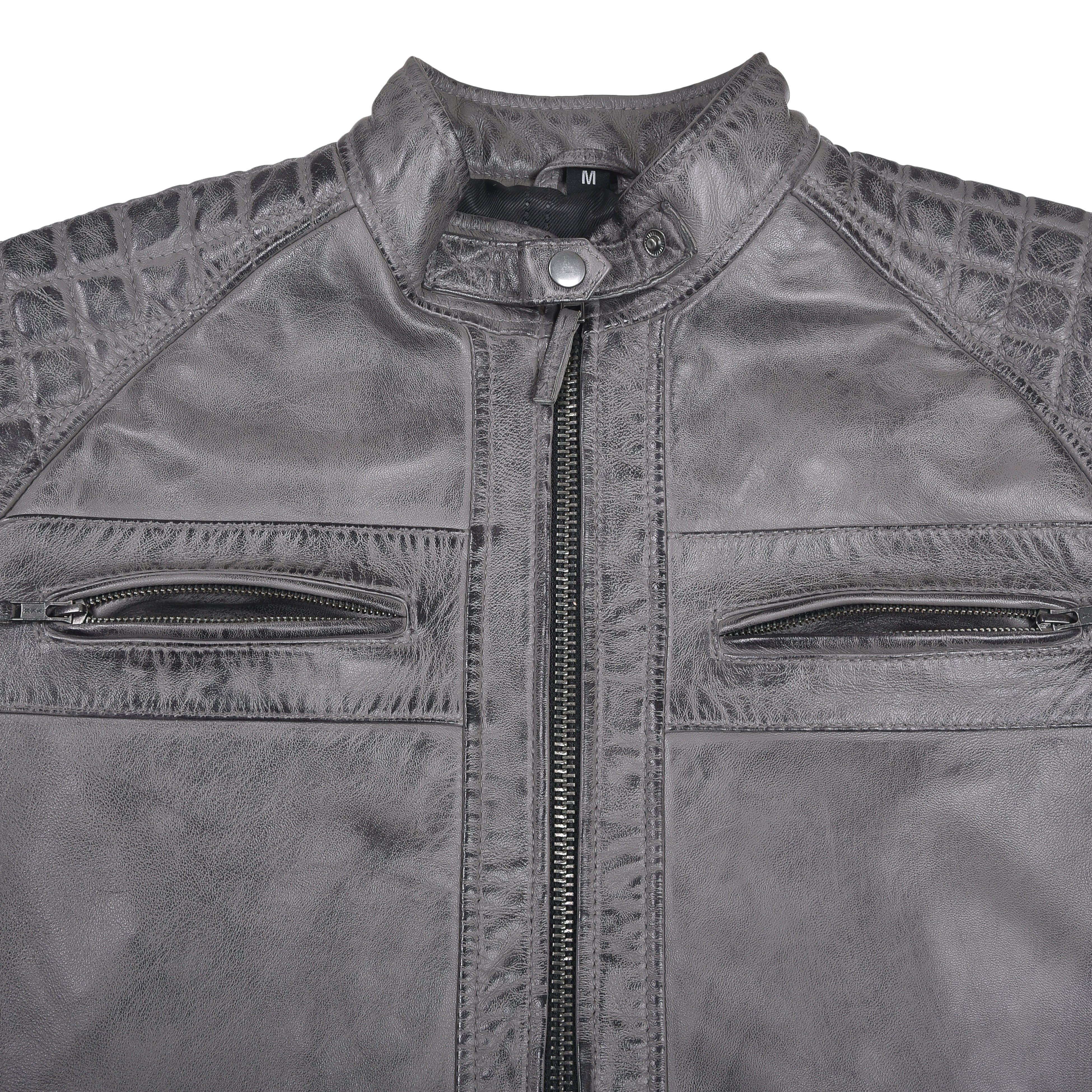 Men's Cafe Racer Waxed Lambskin Distressed Grey Motorcycle Leather Jacket