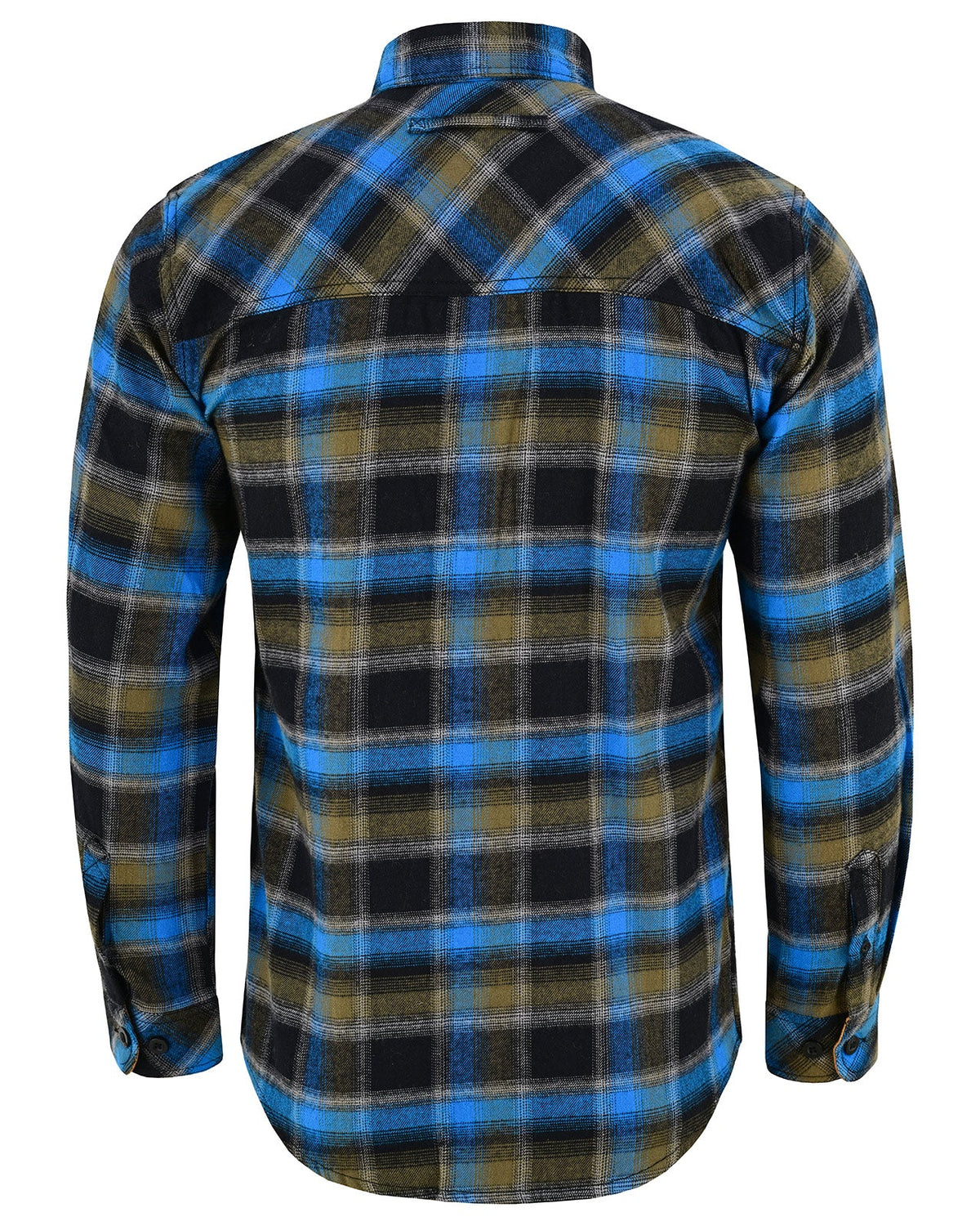 Back view of the Plaid River men's cotton flannel shirt showing blue and olive plaid, shoulder yoke and curved hem.