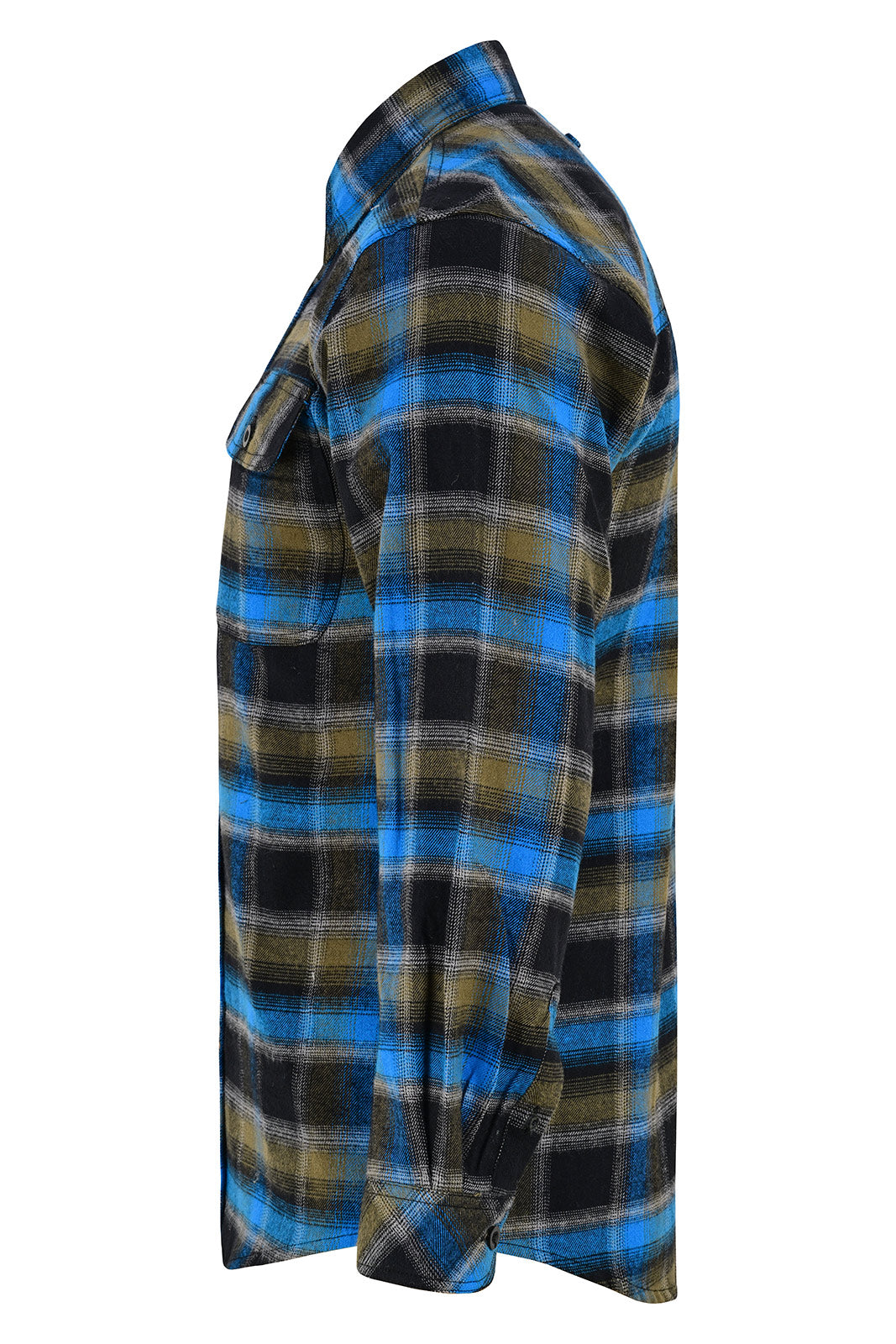 Side profile of the Plaid River men's regular fit plaid flannel shirt showing its long sleeve, buttoned cuff and hem.