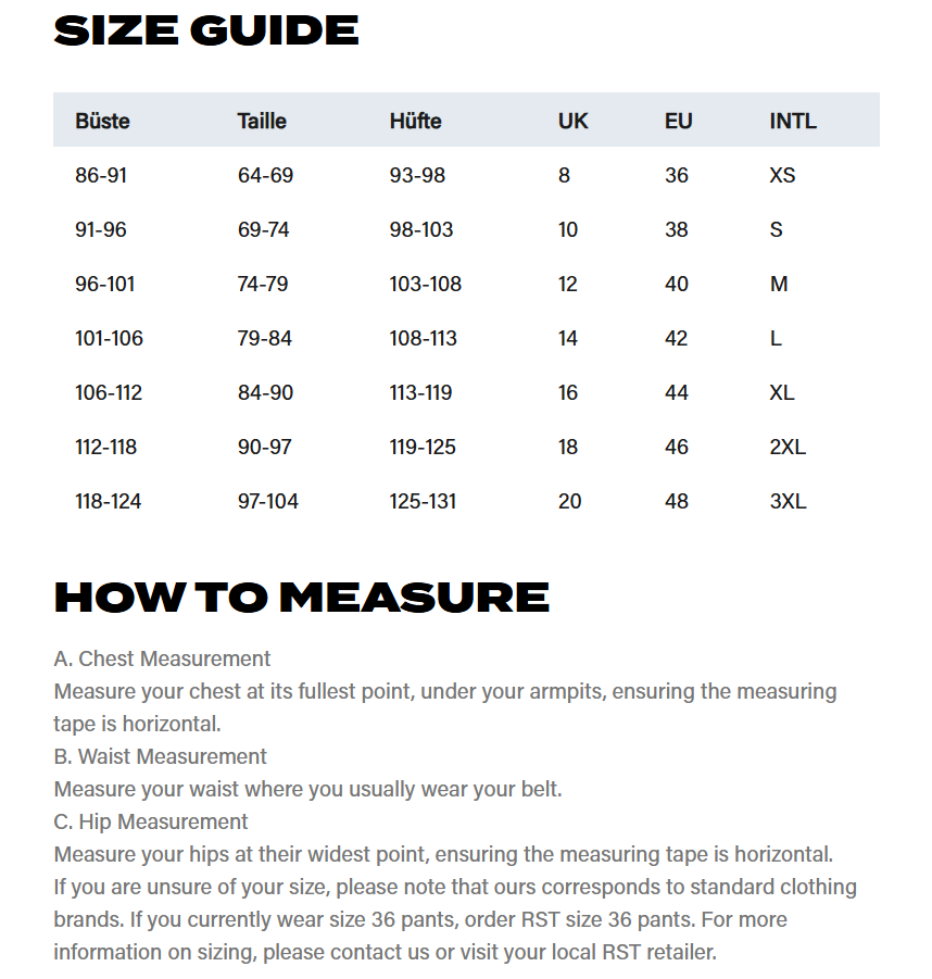 RST Moto Women's Motorcycle Jacket - Size Chart