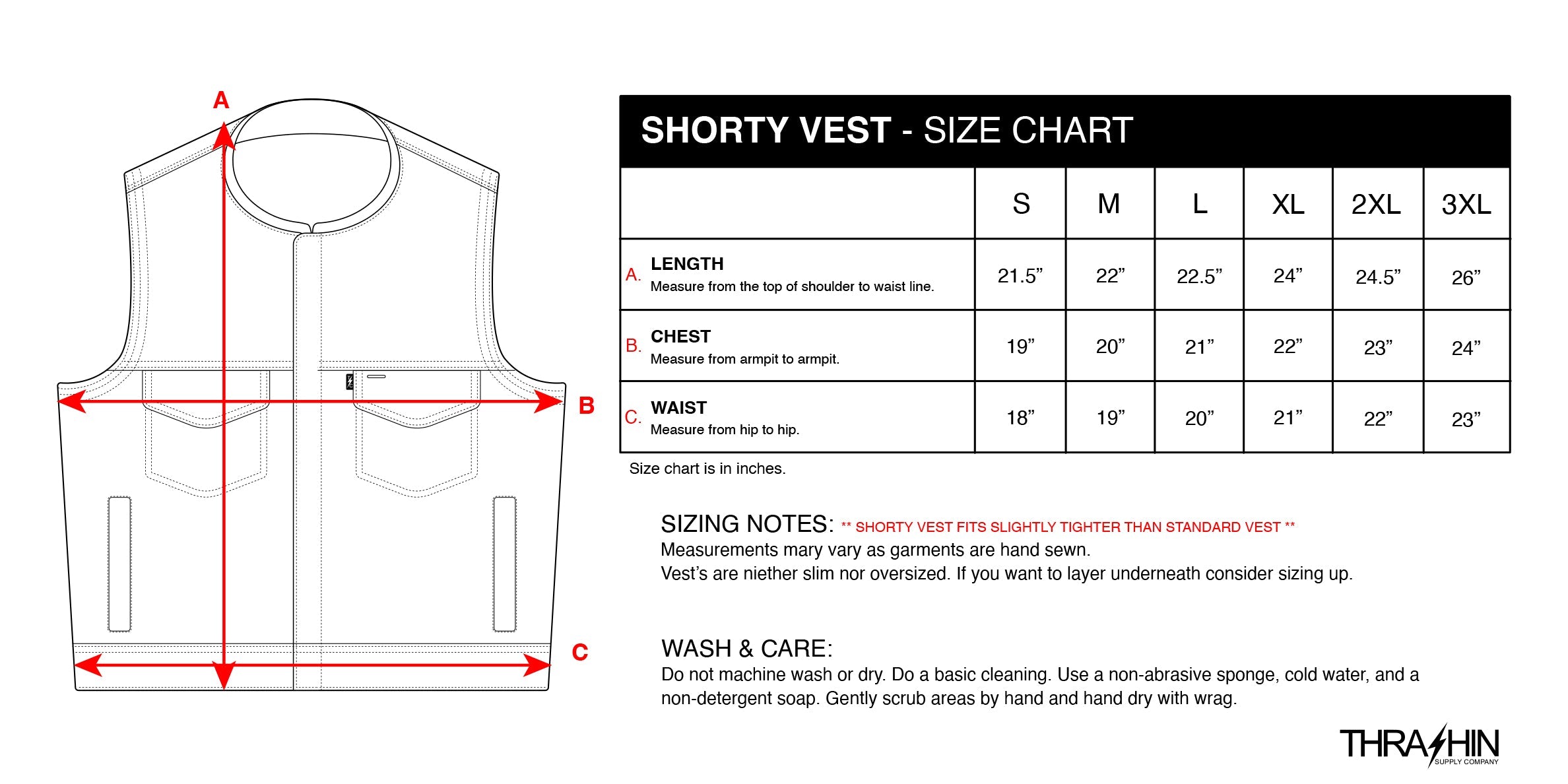 Thrashin Supply Men's Encinal Leather Shorty Motorcycle Riding Vest - Size chart