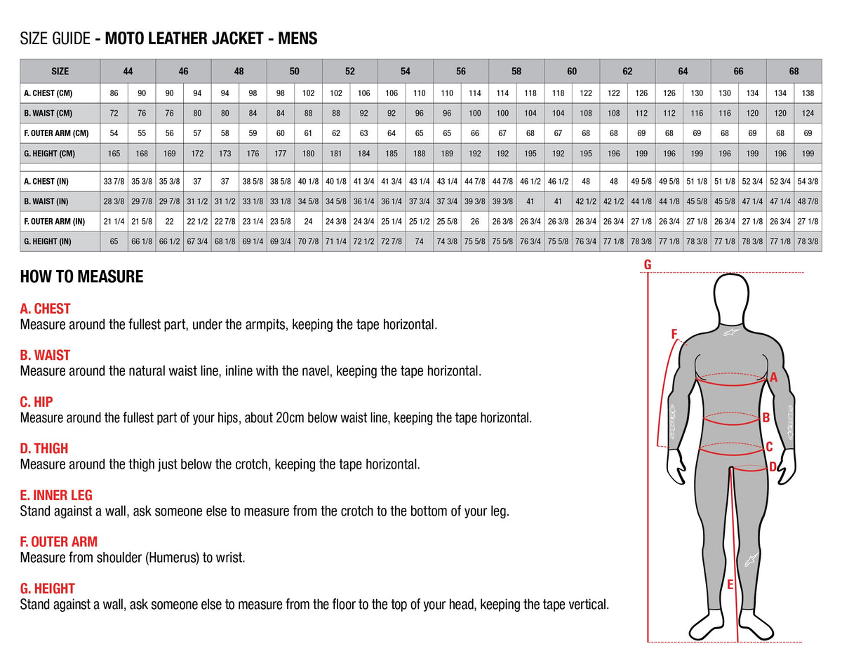 Alpinestars Men's Leather Jacket Size Chart