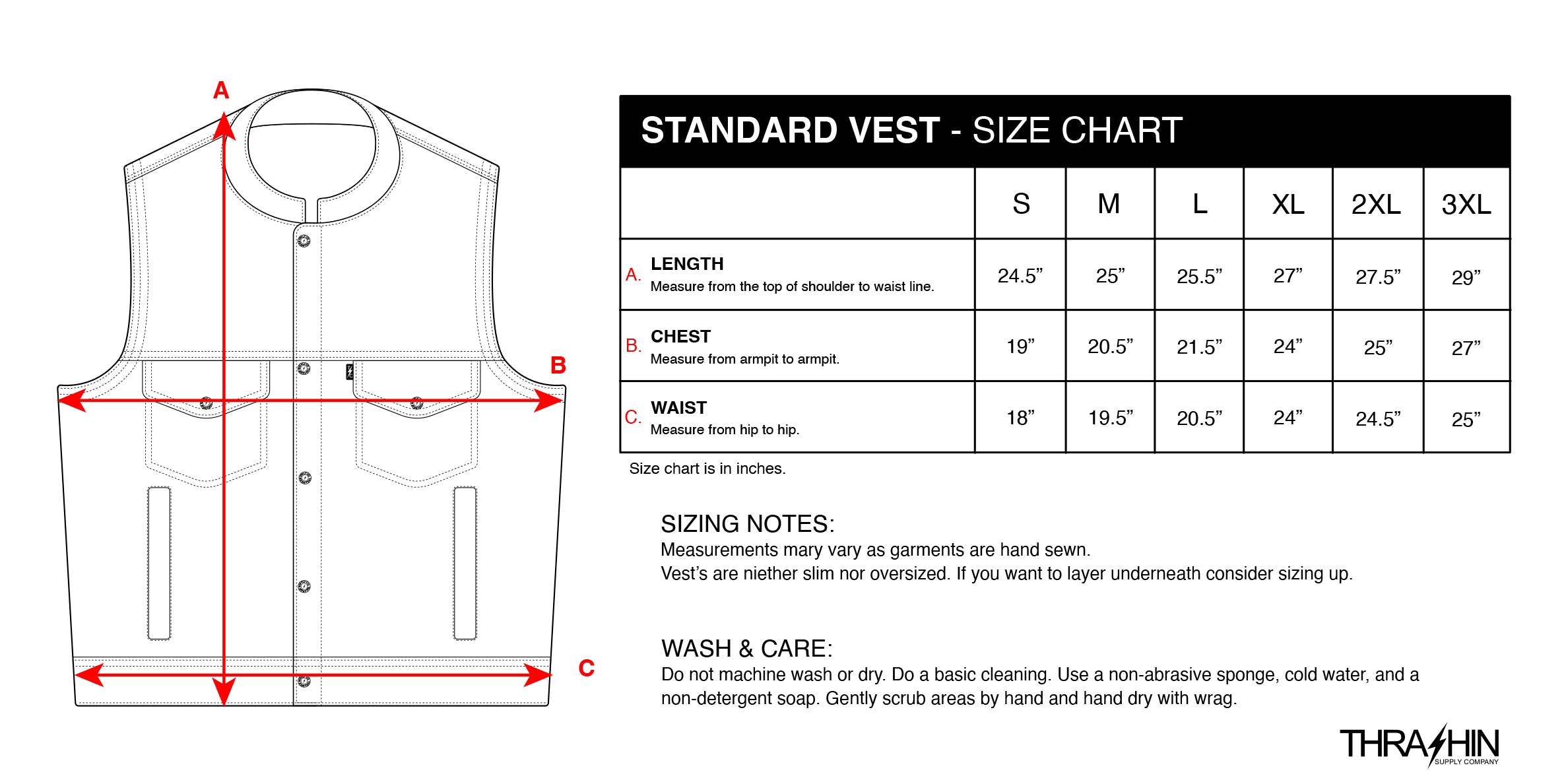 Thrashin Supply Men's Kanan Leather/Denim Motorcycle Riding Vest - Size chart