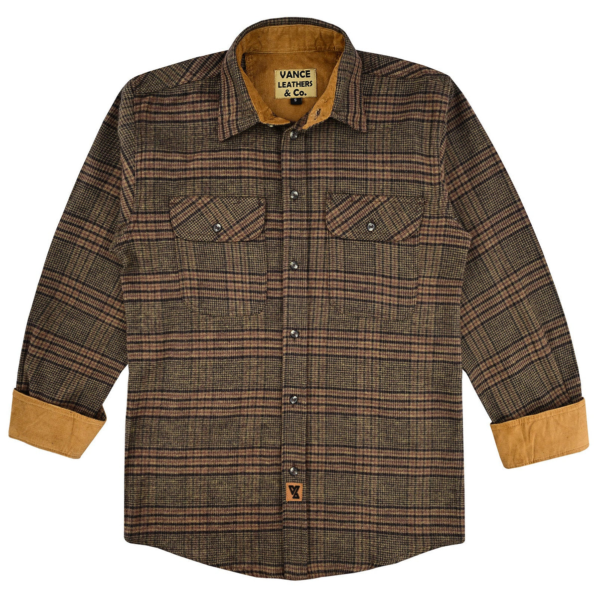 Sequoia men's plaid cotton flannel shirt laid flat with cuffs turned up to reveal tan corduroy lining.