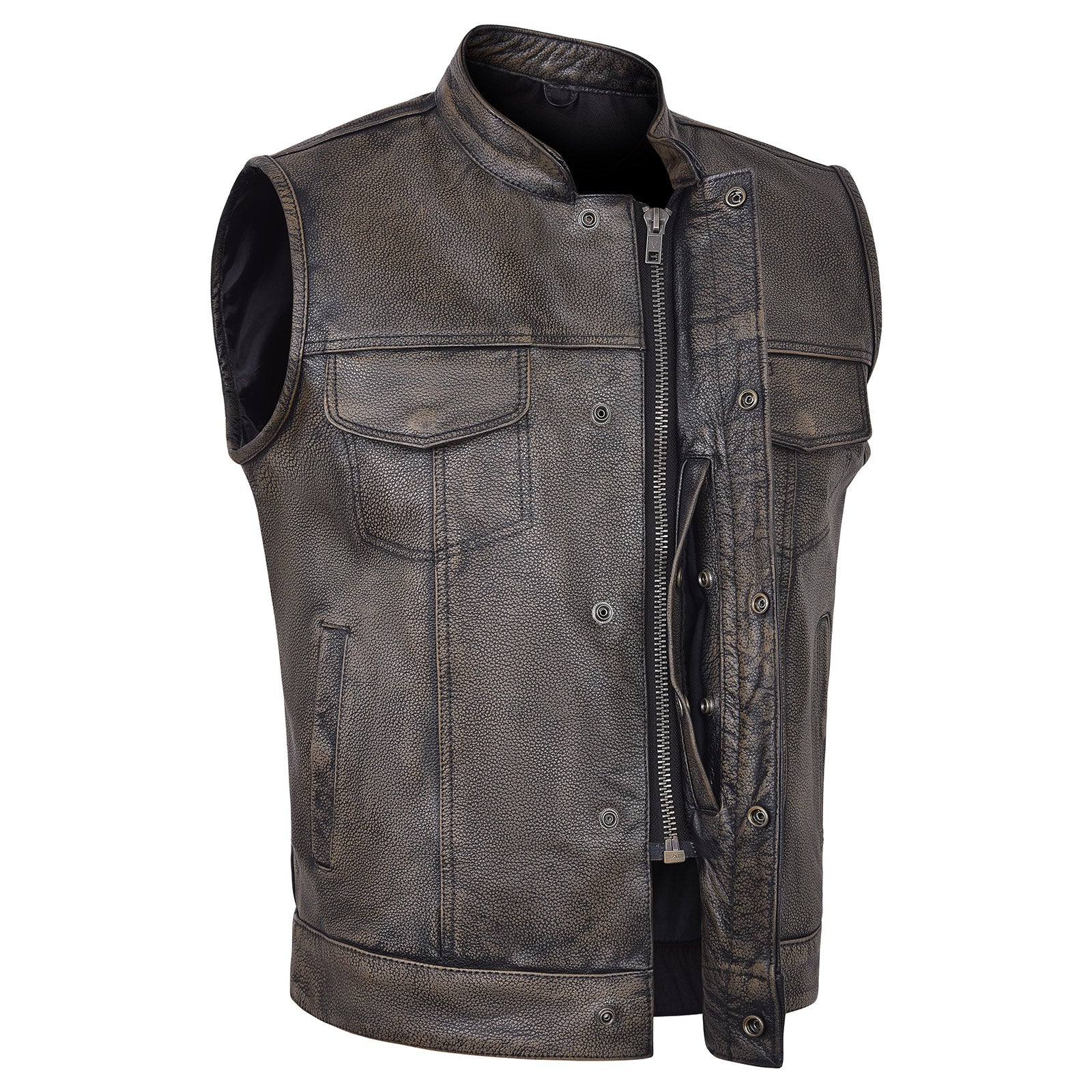 High Mileage Mens Premium Cowhide Distressed Brown SOA Style Biker Club Leather Motorcycle Vest