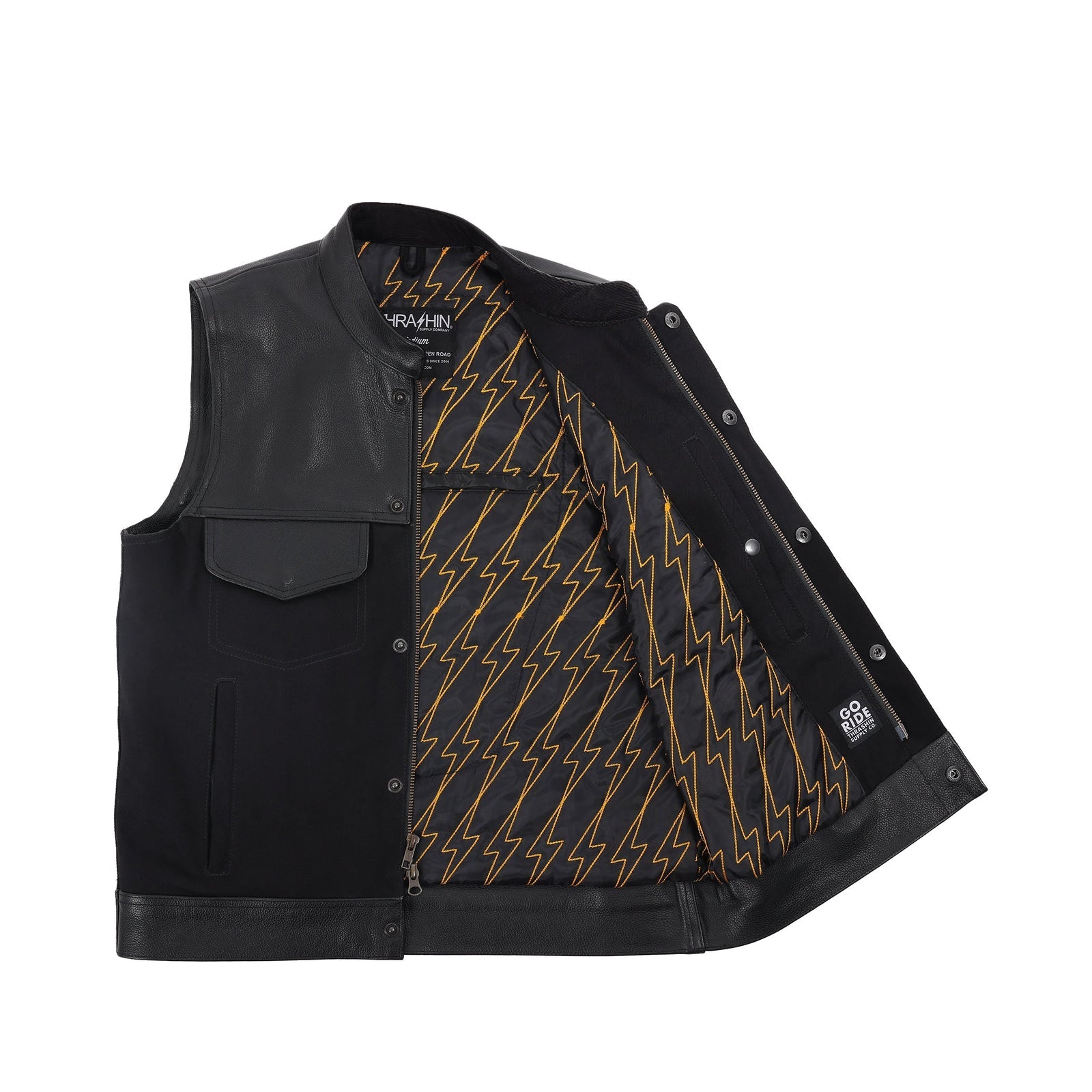 Thrashin Supply Men's Kanan Leather/Denim Motorcycle Riding Vest - Inside View