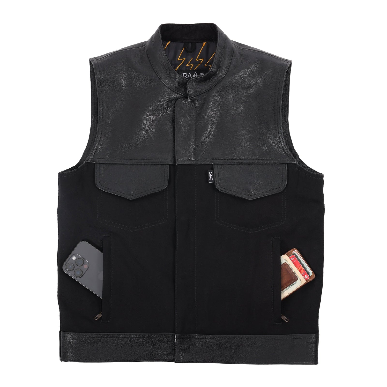 Thrashin Supply Men's Kanan Leather/Denim Motorcycle Riding Vest - Hand Pockets