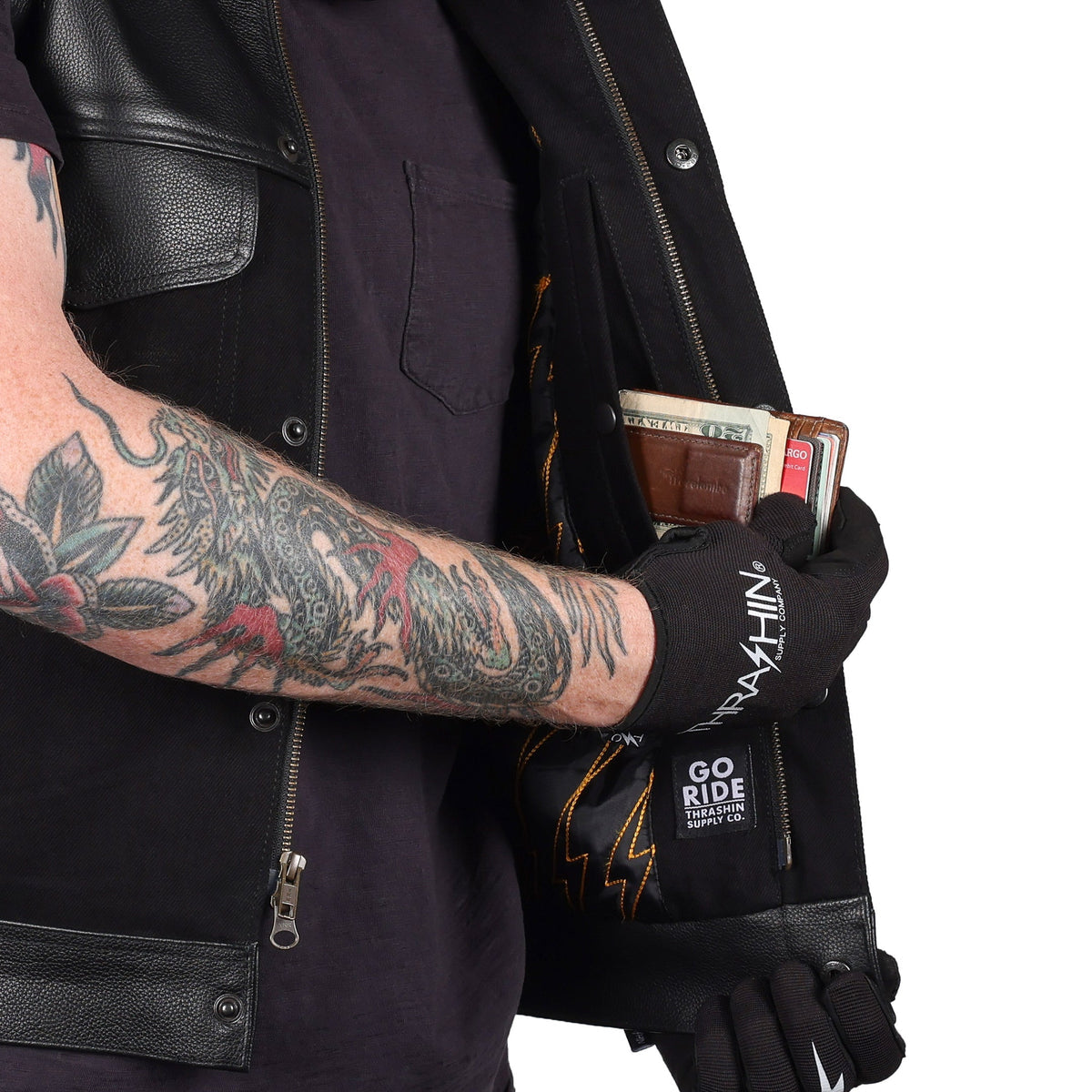 Thrashin Supply Men's Kanan Leather/Denim Motorcycle Riding Vest - Pic 6