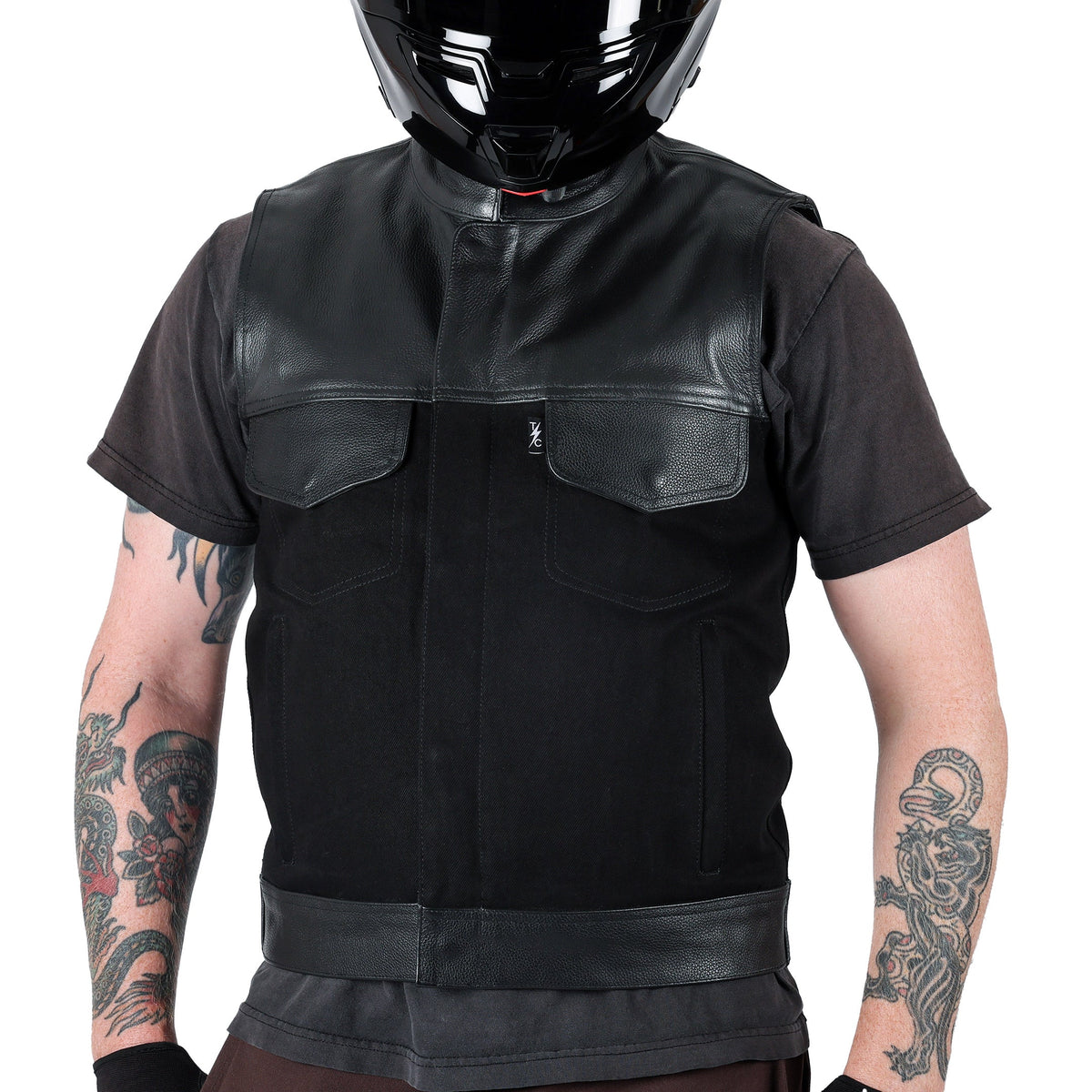 Thrashin Supply Men's Kanan Leather/Denim Motorcycle Riding Vest - Pic 4