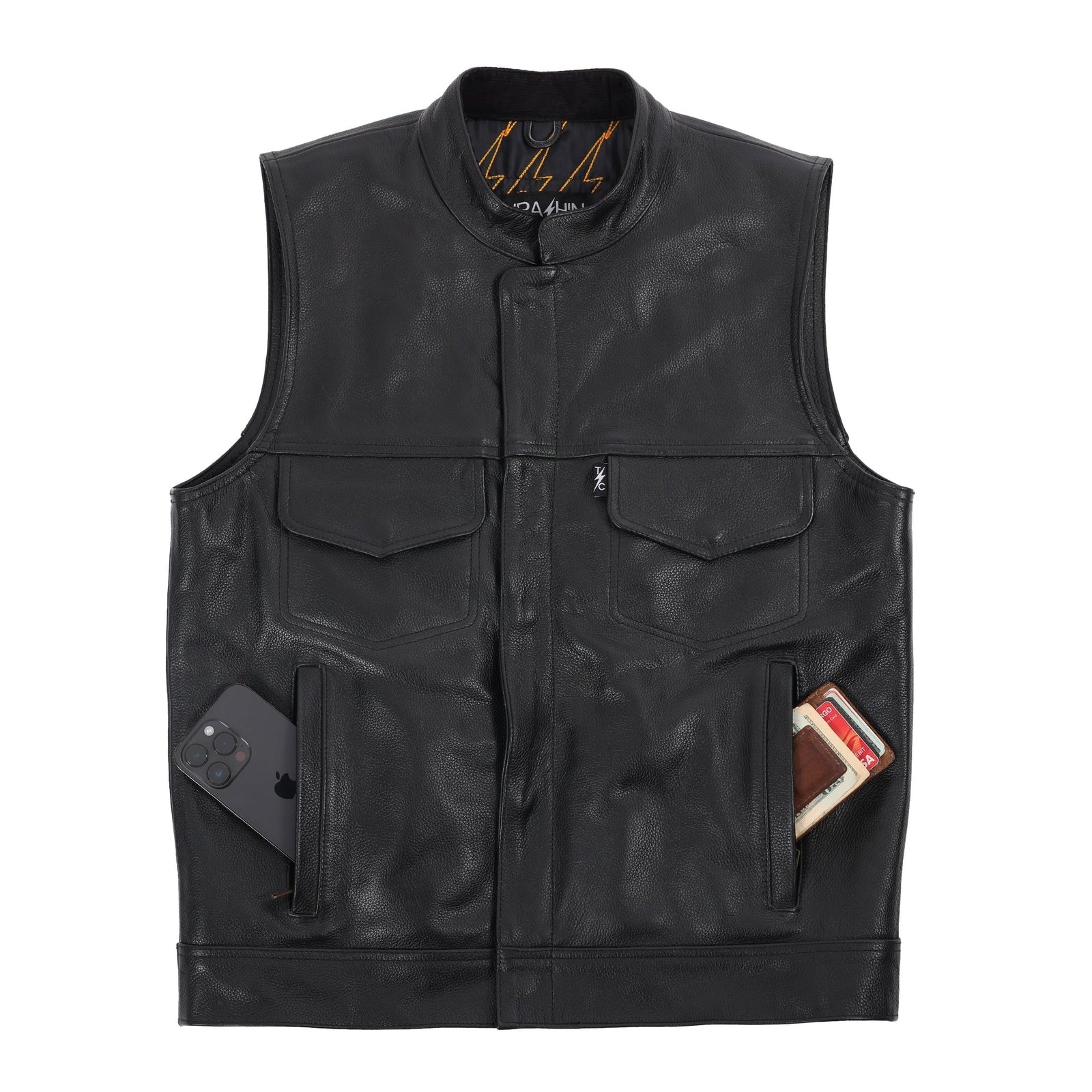 Thrashin Supply Men's Mulholland Leather Motorcycle Riding Vest - Hand Pockets