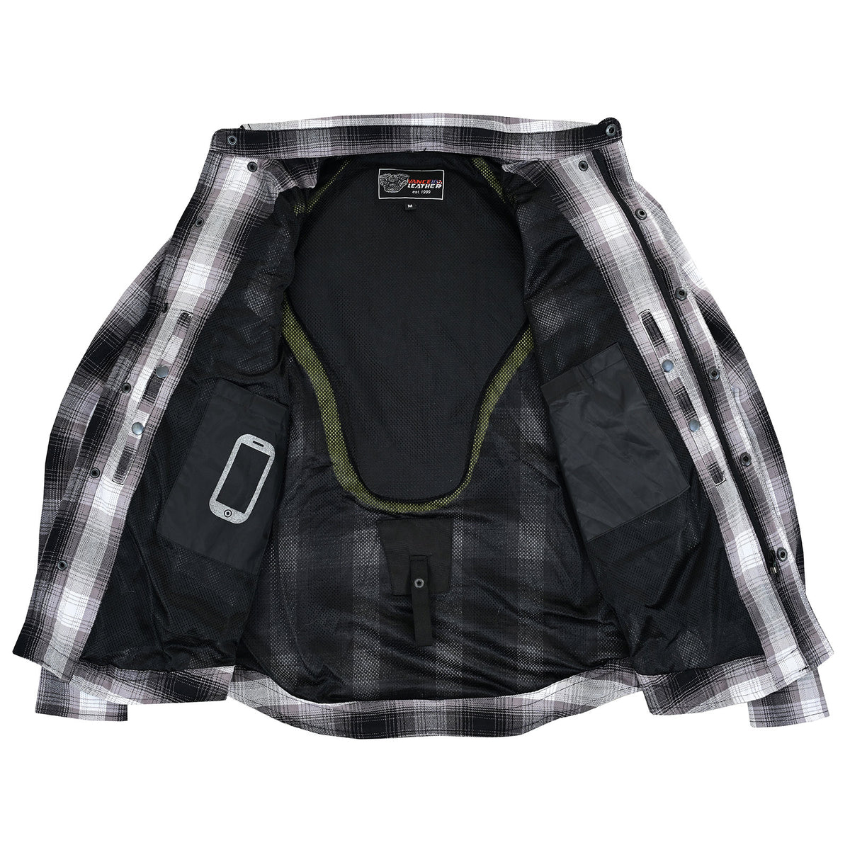 Open Timberwolf armored motorcycle shirt showing black mesh lining, removable back pad, internal pockets and belt snap strap.