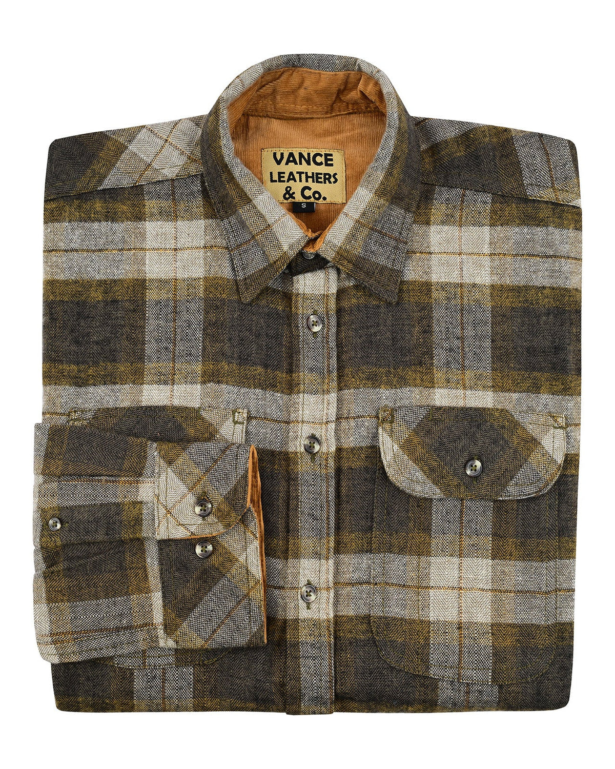 Folded Tuscan Gold men’s cotton flannel shirt showing plaid fabric, tan corduroy collar lining and buttoned cuff.