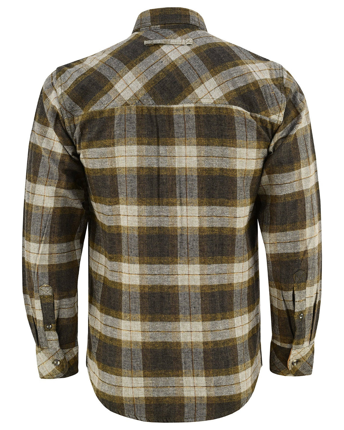 Back view of the Tuscan Gold men’s plaid flannel shirt showing the diagonal plaid shoulder yoke and long buttoned sleeves.