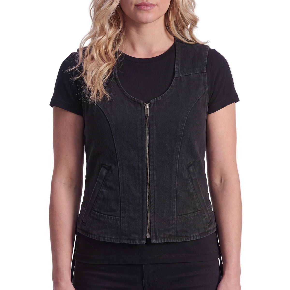 Womens Black Denim V Neck with Zipper & Side Laces Motorcycle Vest - front pose