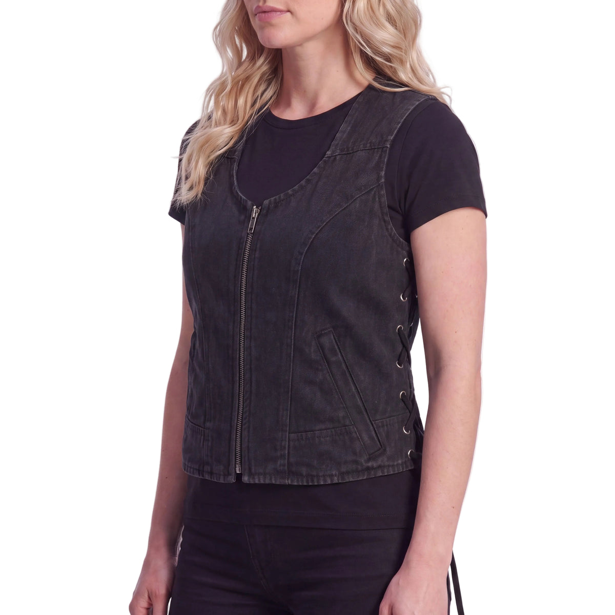 Womens Black Denim V Neck with Zipper & Side Laces Motorcycle Vest - side pose