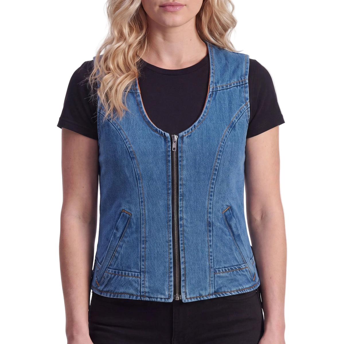 Women's Blue Denim V Neck Vest with Zipper & Side Laces - front pose