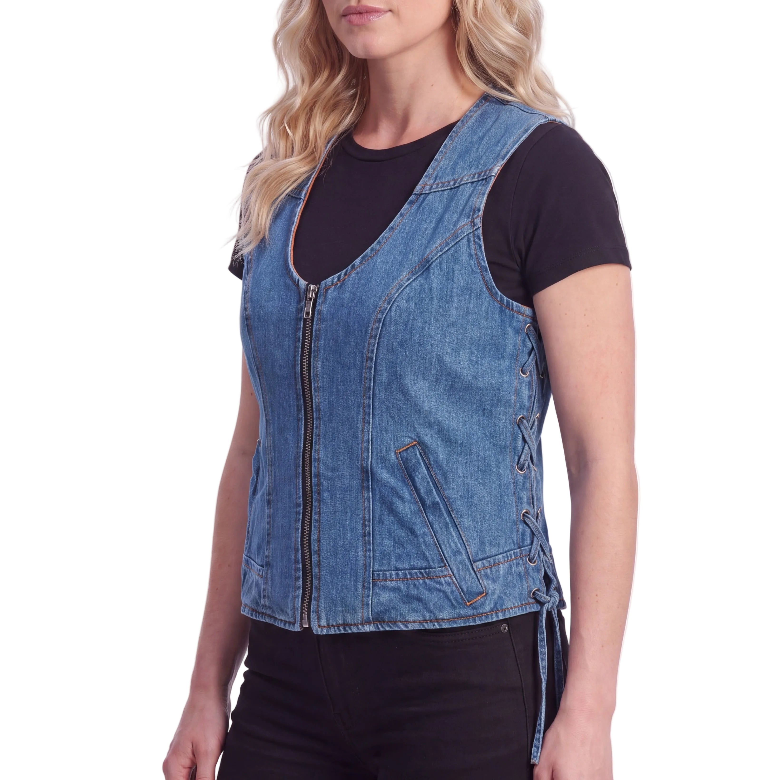 Women's Blue Denim V Neck with Zipper & side laces Vest