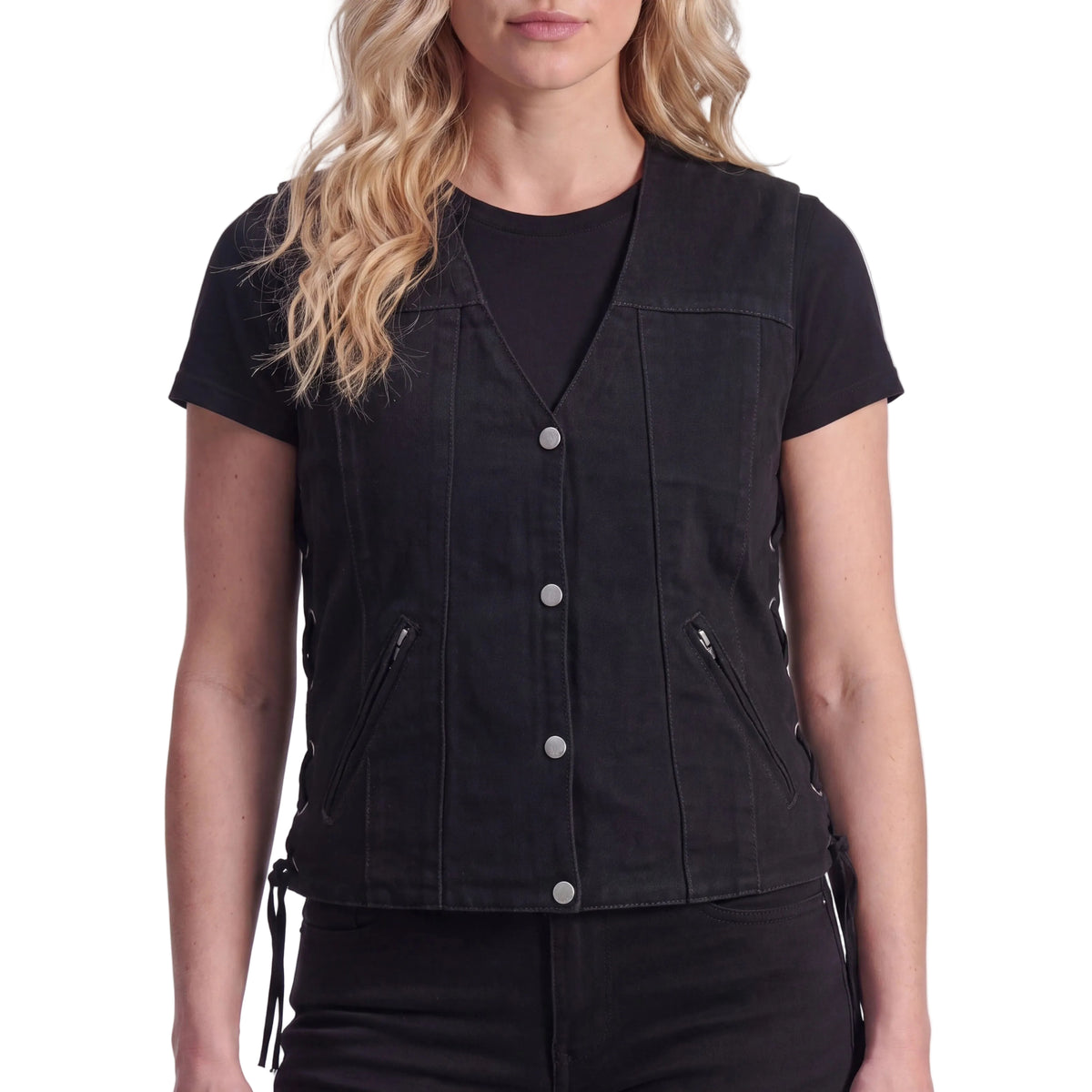 Womens Black Denim V Neck with Snap Opening & Side Laces Motorcycle Vest - front pose