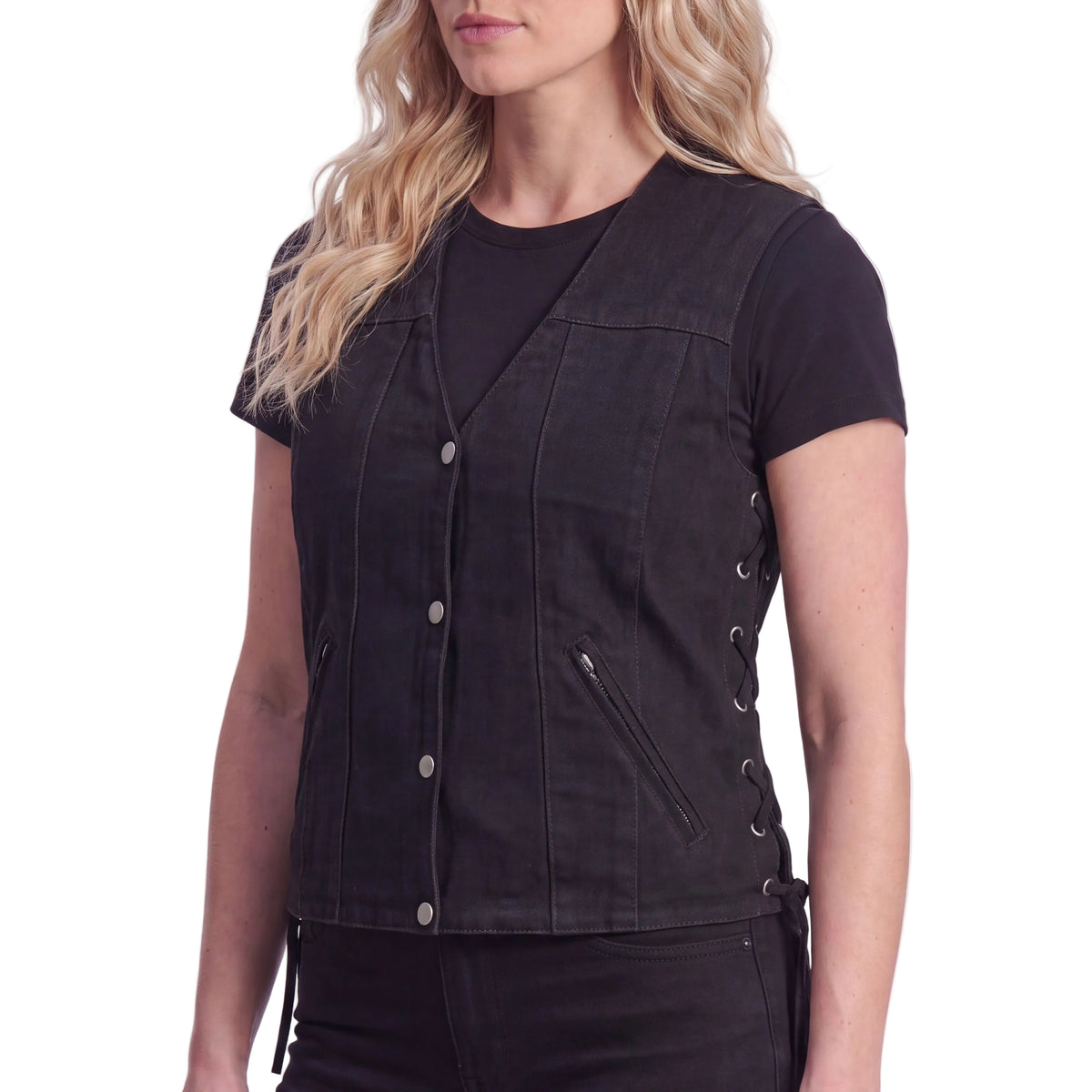 Womens Black Denim V Neck with Snap Opening & Side Laces Motorcycle Vest - side pose