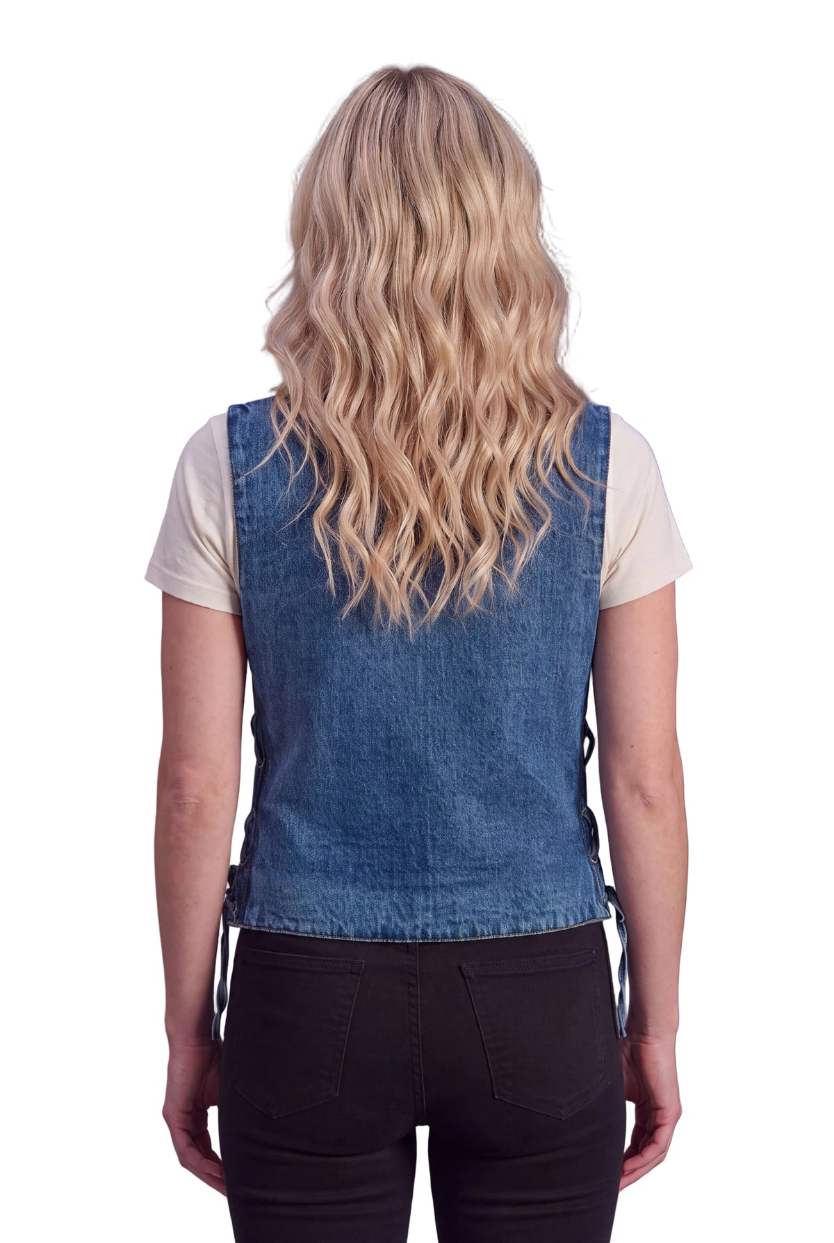 Womens Blue Denim V Neck with Snap Opening & Side Laces Motorcycle Vest back pose