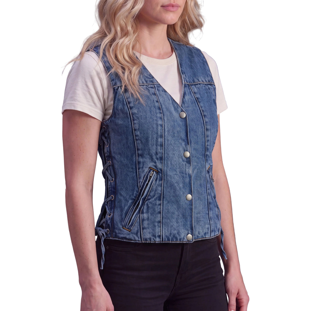 Womens Blue Denim V Neck with Snap Opening & Side Laces Motorcycle Vest side pose