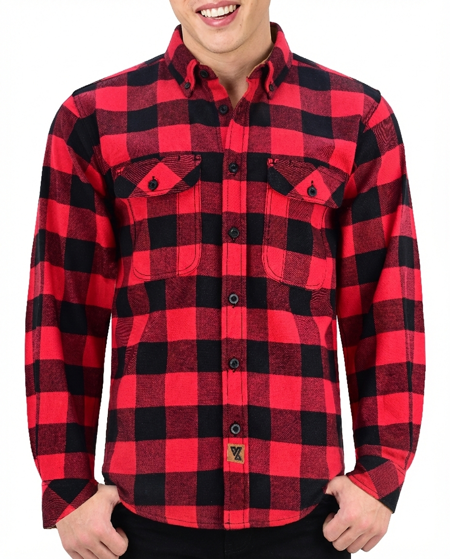 Men's Classic Red Long Sleeve Plaid Button Down Casual Flannel Shirt, Corduroy Cuffs - Pic