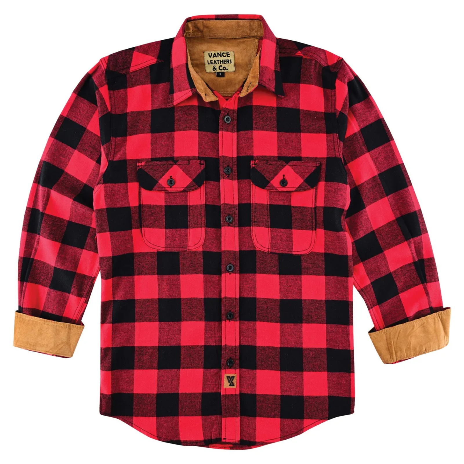 Men's Classic Red Long Sleeve Plaid Button Down Casual Flannel Shirt, Corduroy Cuffs