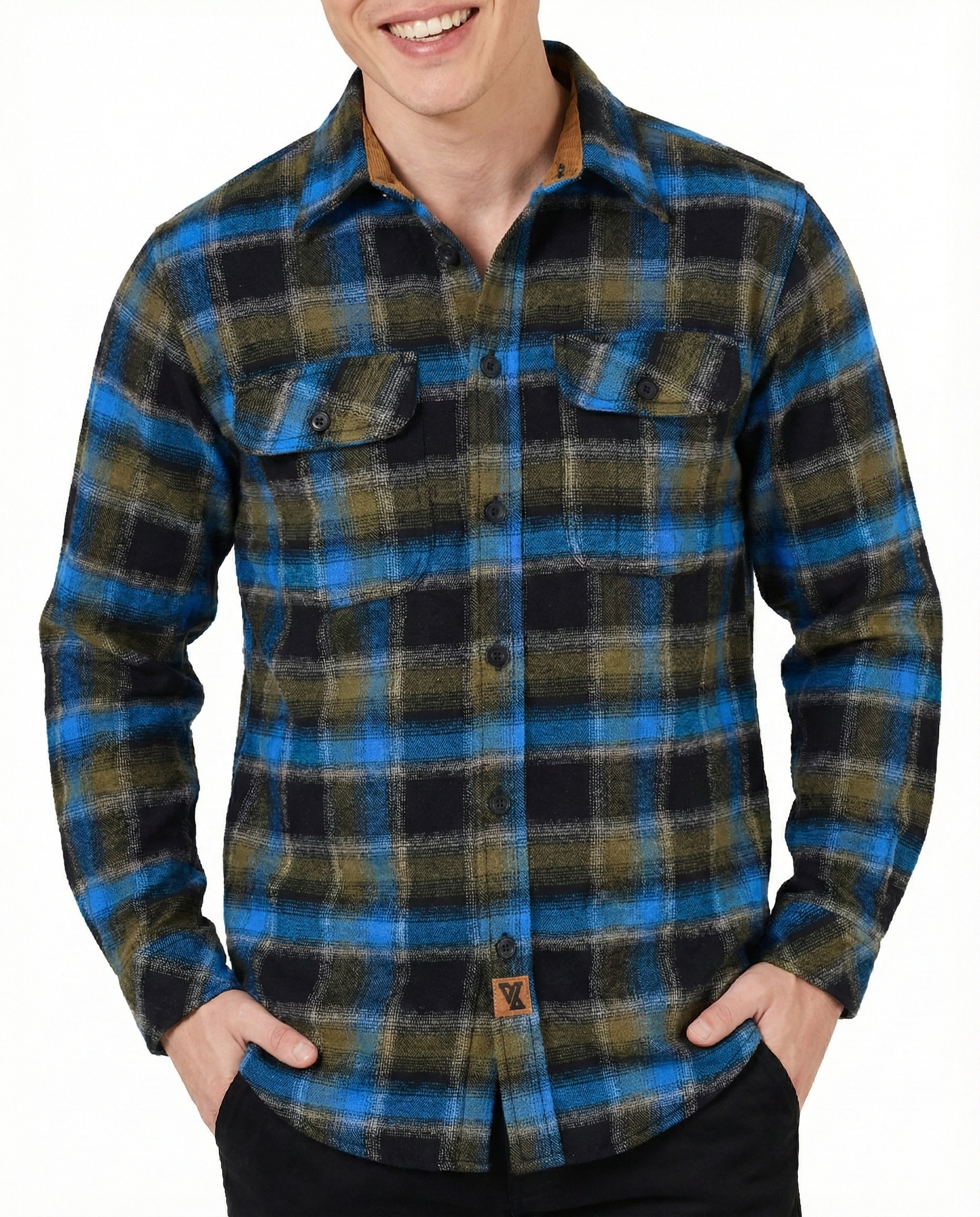 Plaid River Men's Long Sleeve Plaid Button Down Casual Flannel Shirt, Corduroy Cuffs - Pic