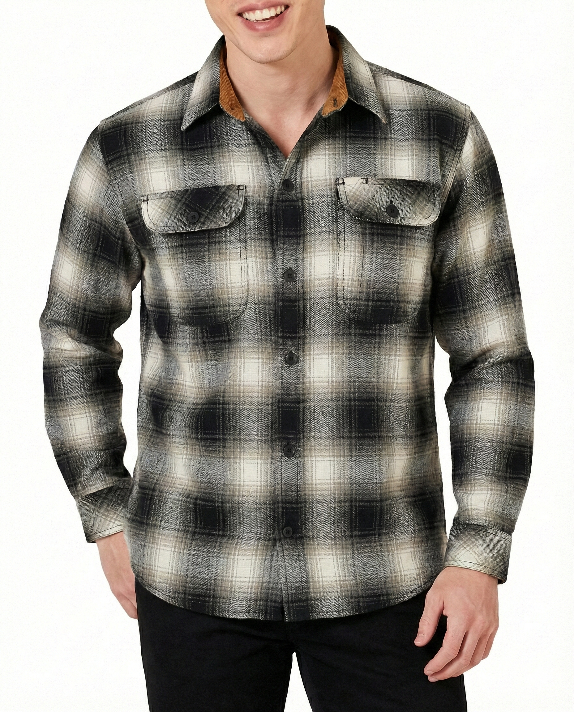 Men's Timberwolf Long Sleeve Plaid Button Down Casual Flannel Shirt, Corduroy Cuffs - Pic