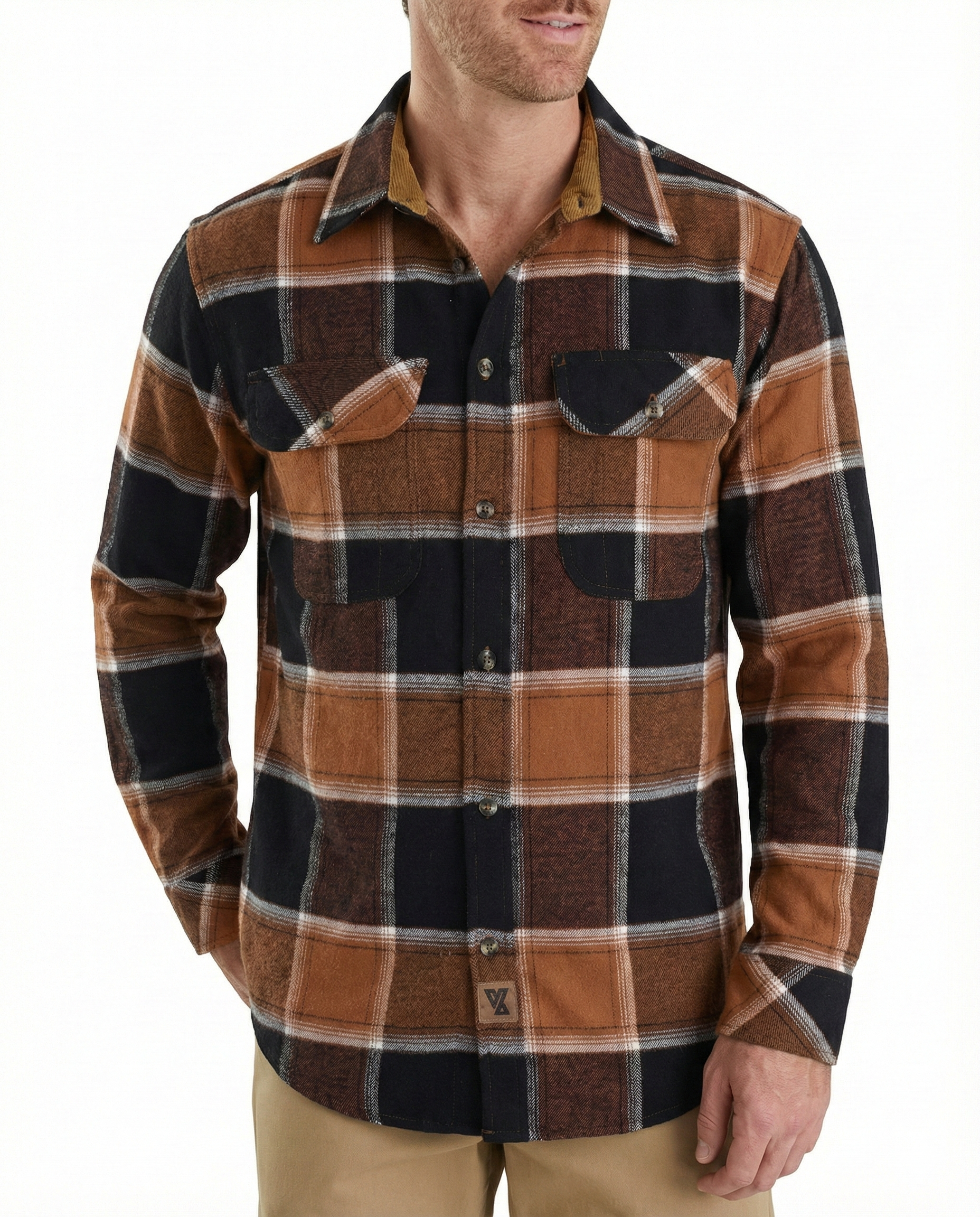 Men's Ironwood Long Sleeve Plaid Button Down Casual Flannel Shirt, Corduroy Collar & Cuffs - Pic