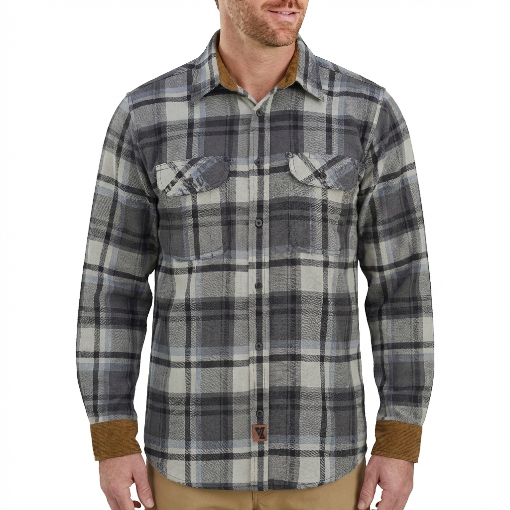 Men's Charcoal Checkered Long Sleeve Plaid Button Down Casual Flannel Shirt, Corduroy Collar & Cuffs - Pic