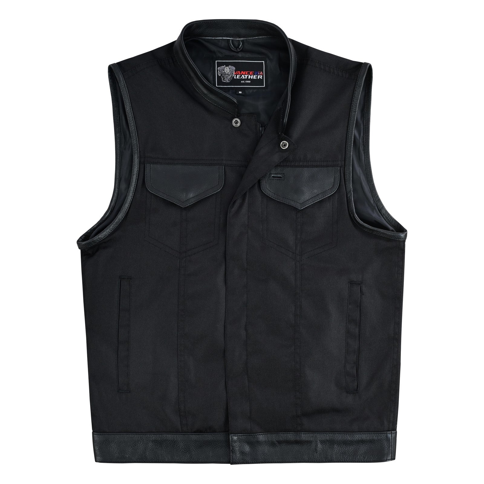 Vance Textile Mens Black SOA Club Style Leather Trimmed Textile Motorcycle Vest w/ Front Zipper and Snap Closure