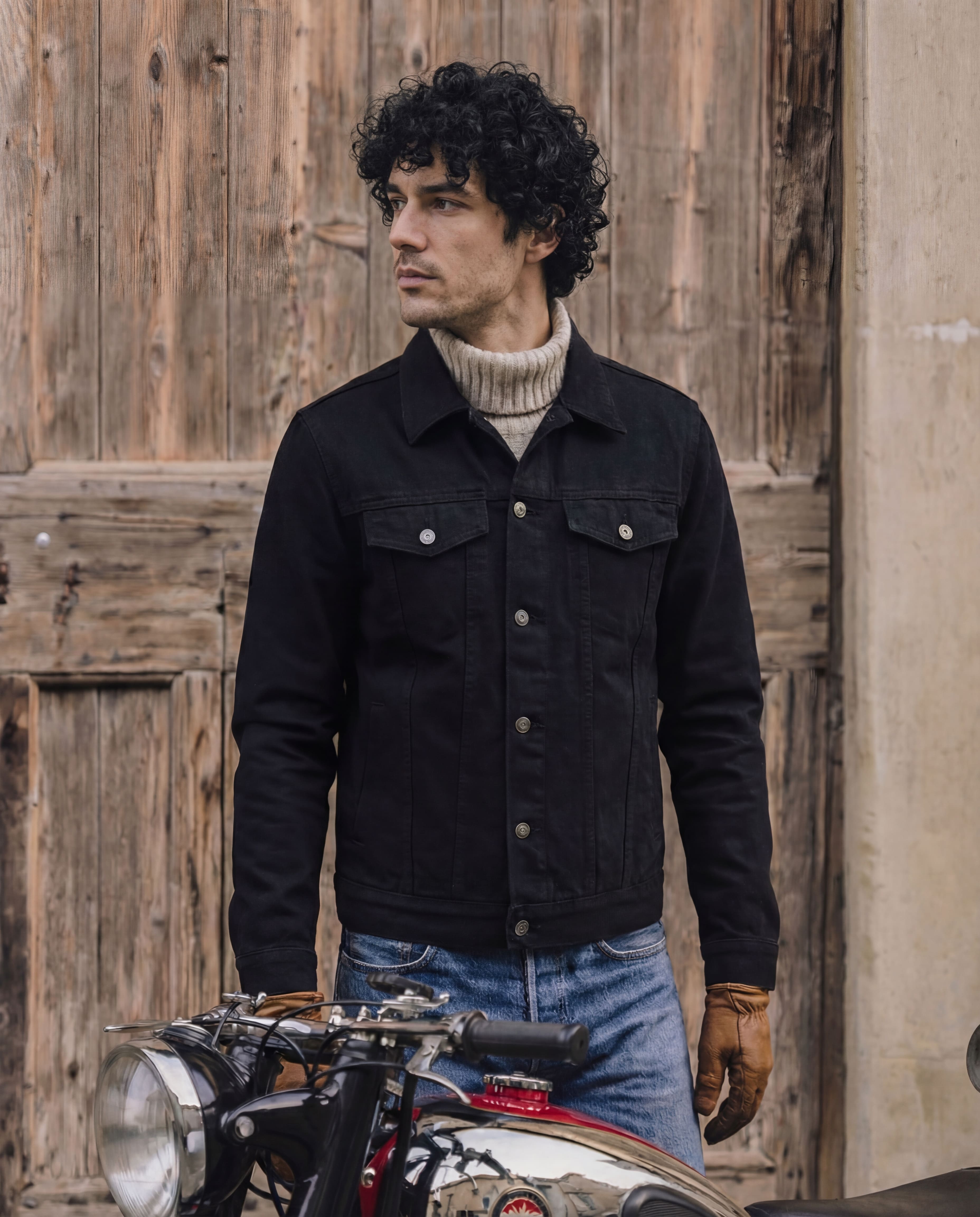 Vance Mens Black Heavy Duty Denim Button Front Motorcycle Jacket, Jean Jacket for Men - Pic