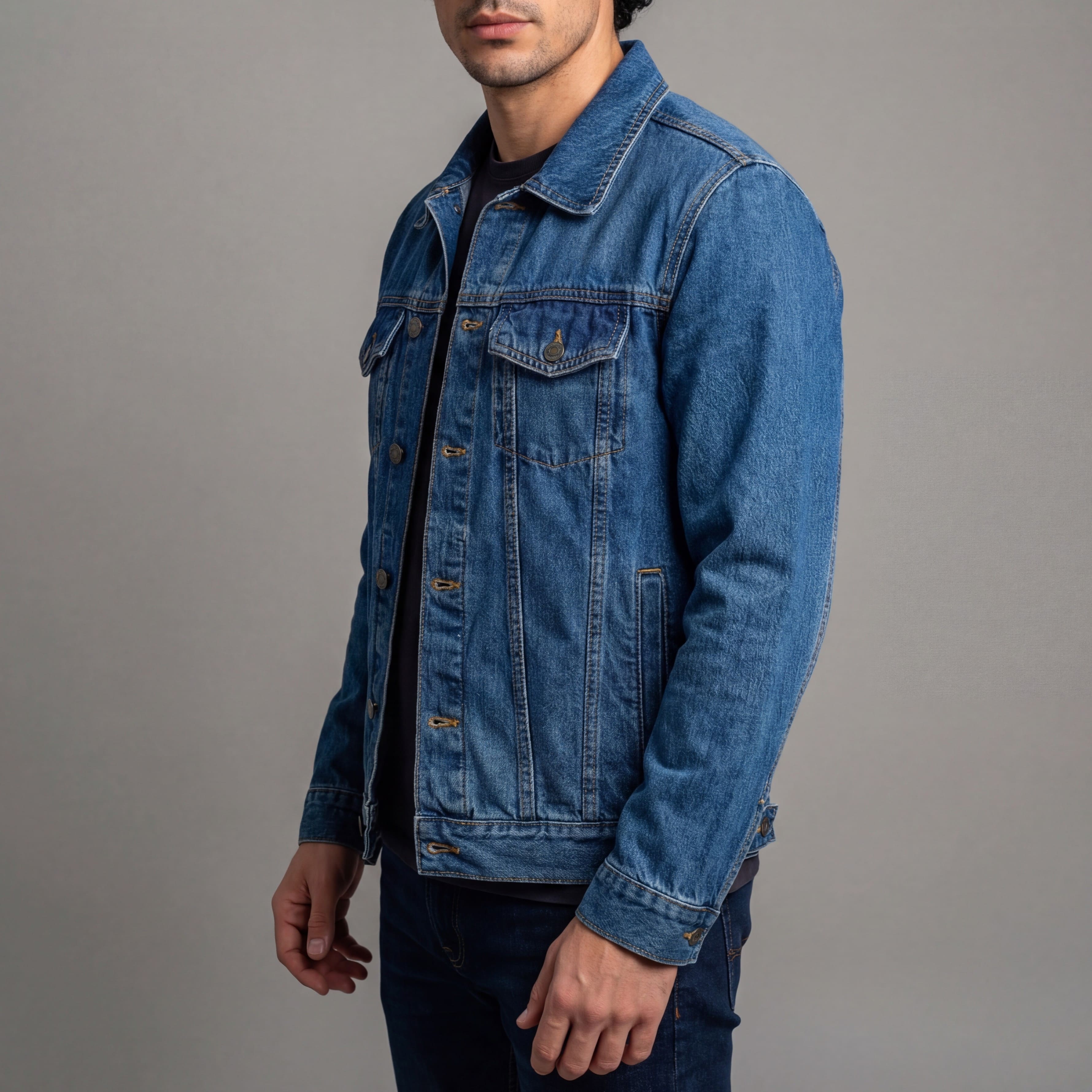 Vance Mens Blue Heavy Duty Denim Button Front Motorcycle Jacket, Jean Jacket for Men - Side Pose