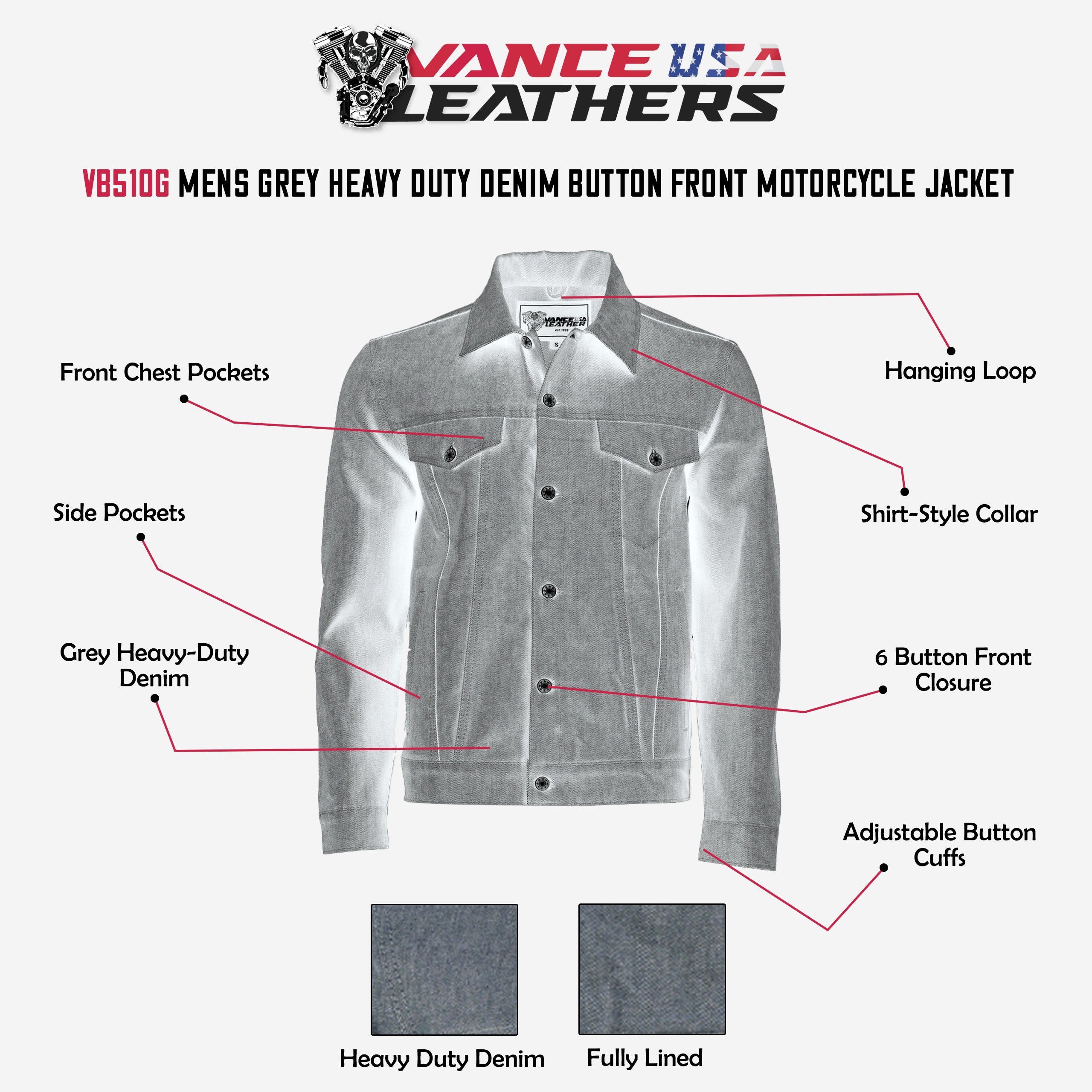 Vance Mens Grey Heavy Duty Denim Button Front Motorcycle Jacket, Jean Jacket for Men