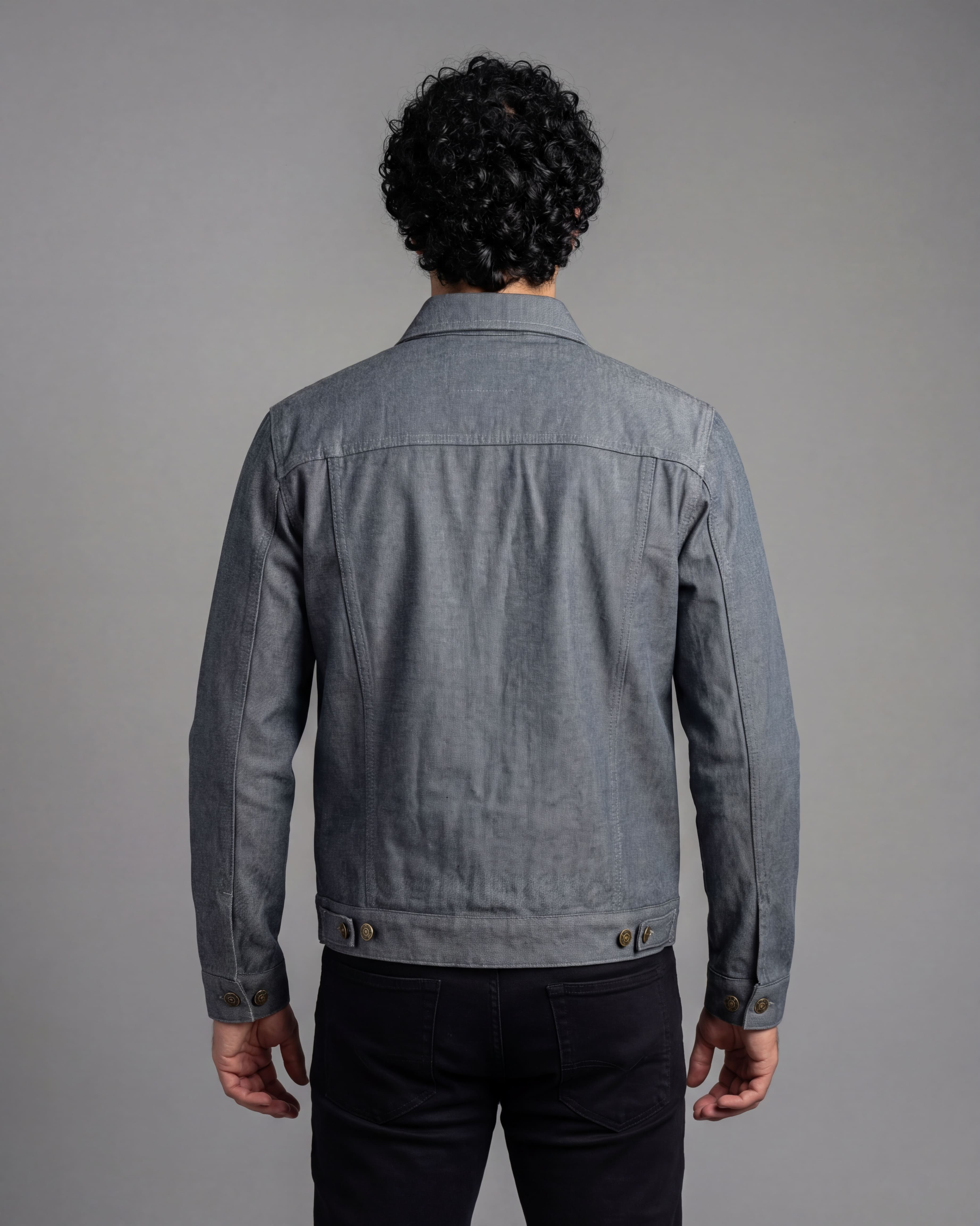 Vance Mens Grey Heavy Duty Denim Button Front Motorcycle Jacket, Jean Jacket for Men - Back Pose