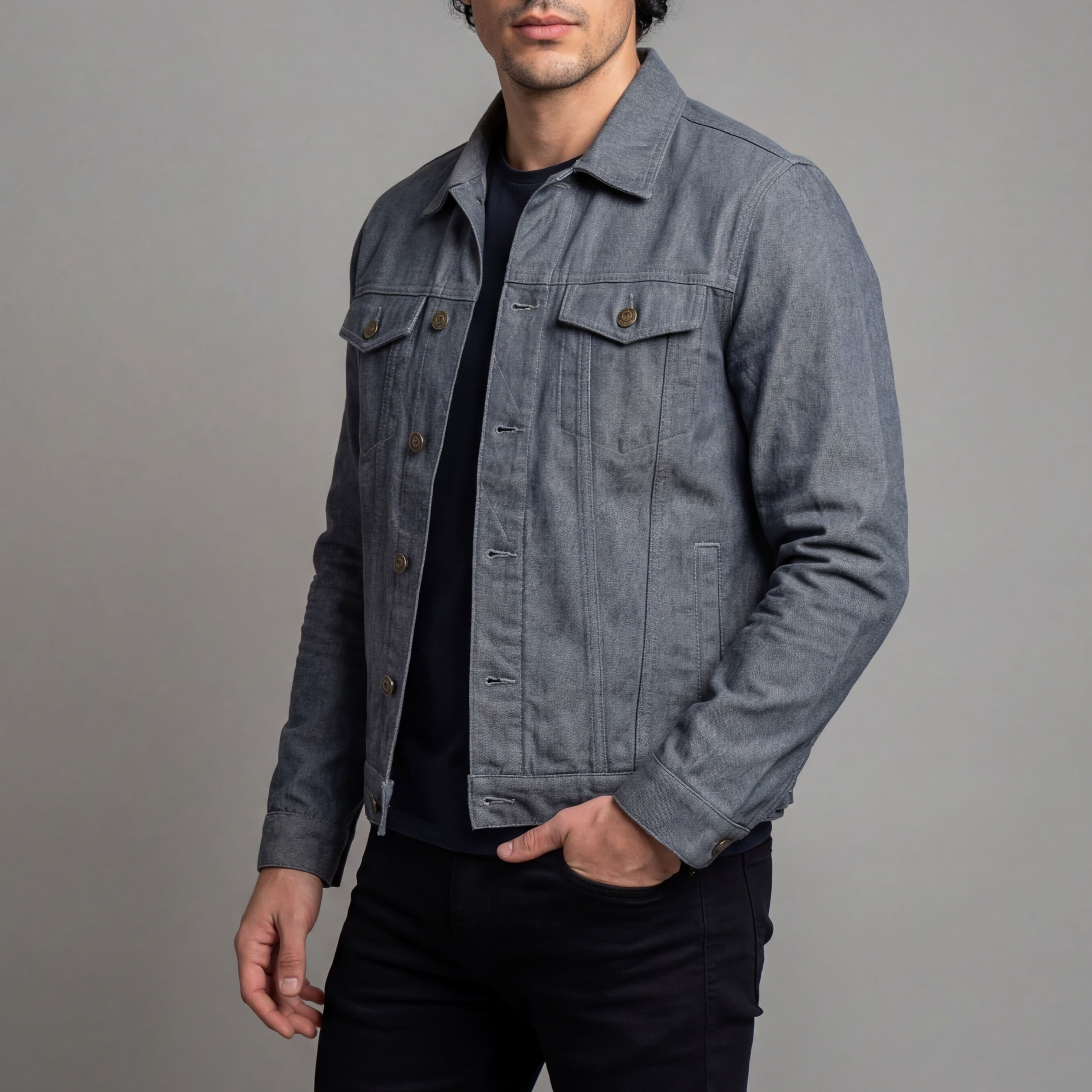 Vance Mens Grey Heavy Duty Denim Button Front Motorcycle Jacket, Jean Jacket for Men - Side Pose