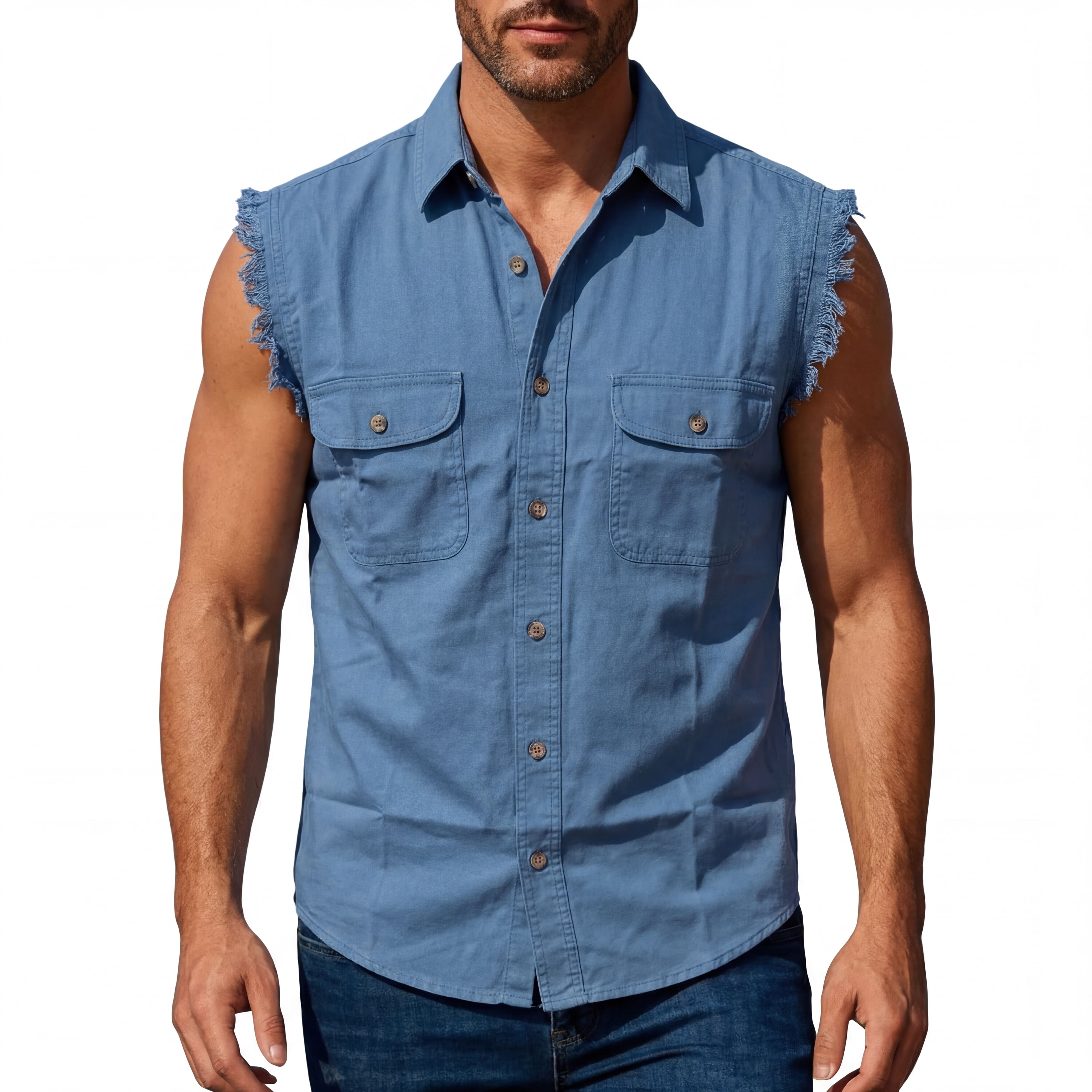 Vance - Men's Biker Motorcycle Light Blue Cut Off Sleeveless Shirt