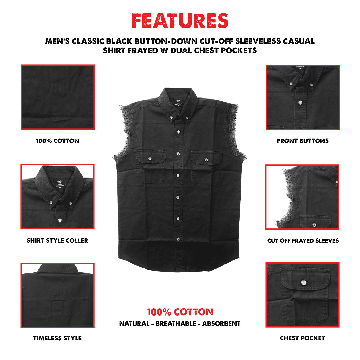 Vance - Men's Biker Motorcycle Black Cut Off Sleeveless Shirt