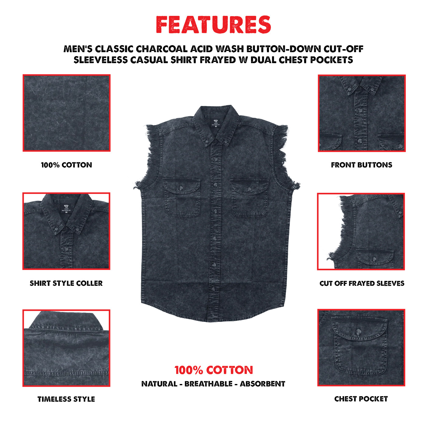 Vance Men's Biker Motorcycle Charcoal Acid Wash Cut Off Sleeveless Shirt