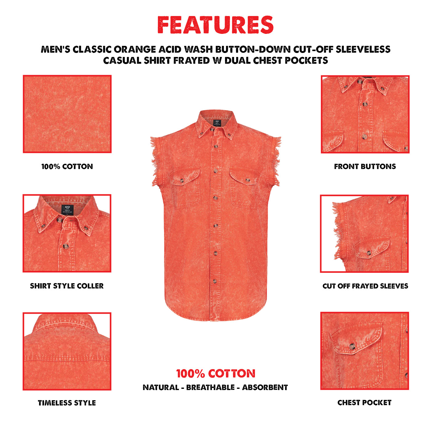 Vance Men's Biker Motorcycle Orange Acid Wash Cut Off Sleeveless Shirt