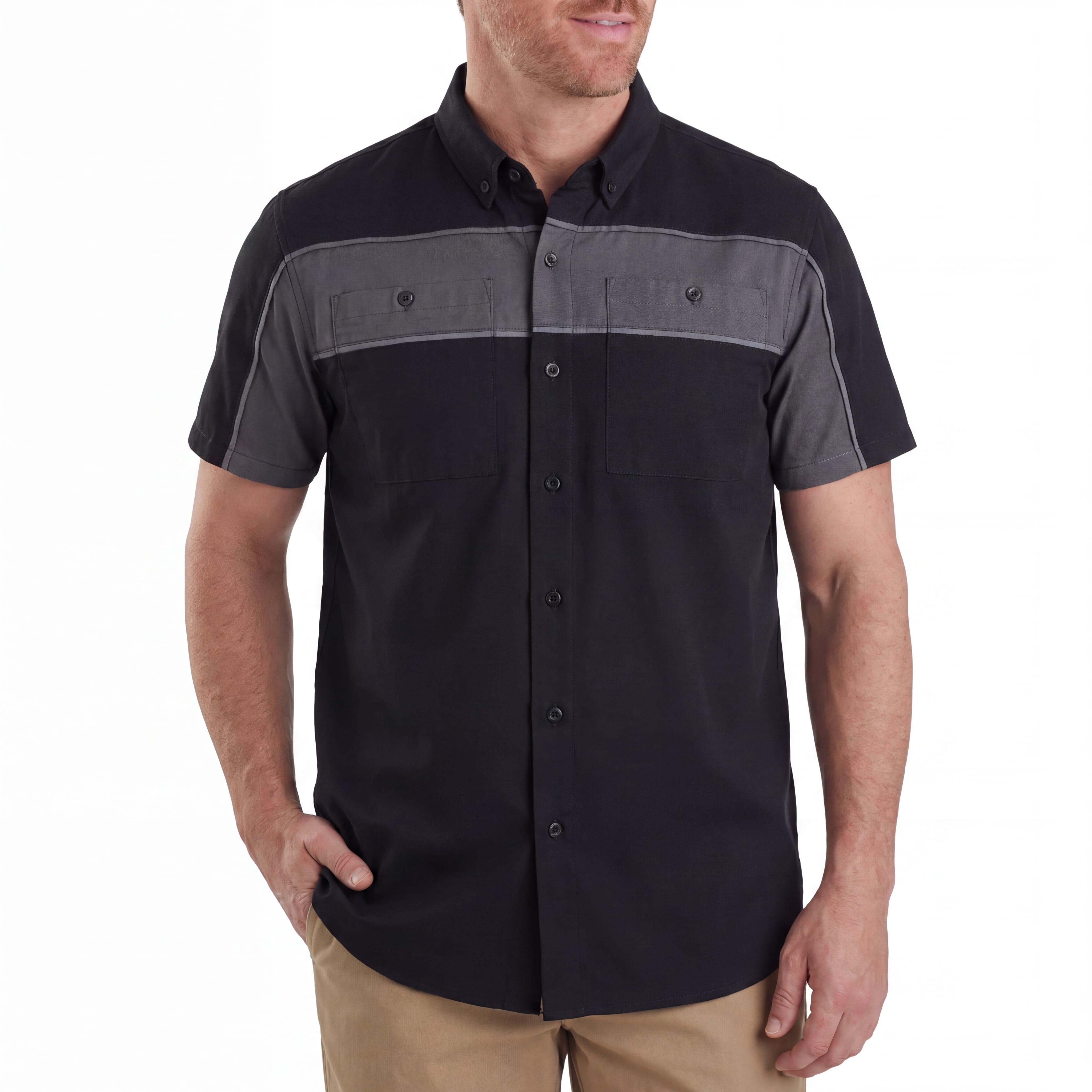 Vance Leather Men's Black Grey Short Sleeve Button Down Two Pockets Soft Casual Shirt - front pose