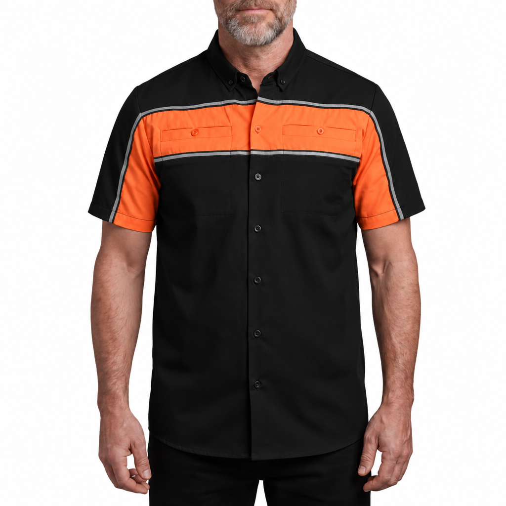 Vance Men's Black Orange Heavy-Duty Button up Mechanic Work Shirt w/ Reflective Strip - front