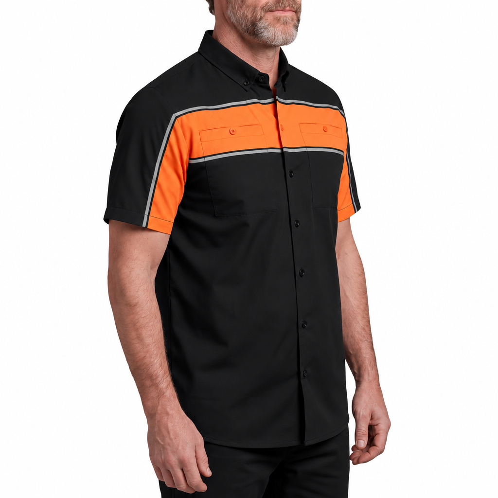 Vance Men's Black Orange Heavy-Duty Button up Mechanic Work Shirt w/ Reflective Strip - side